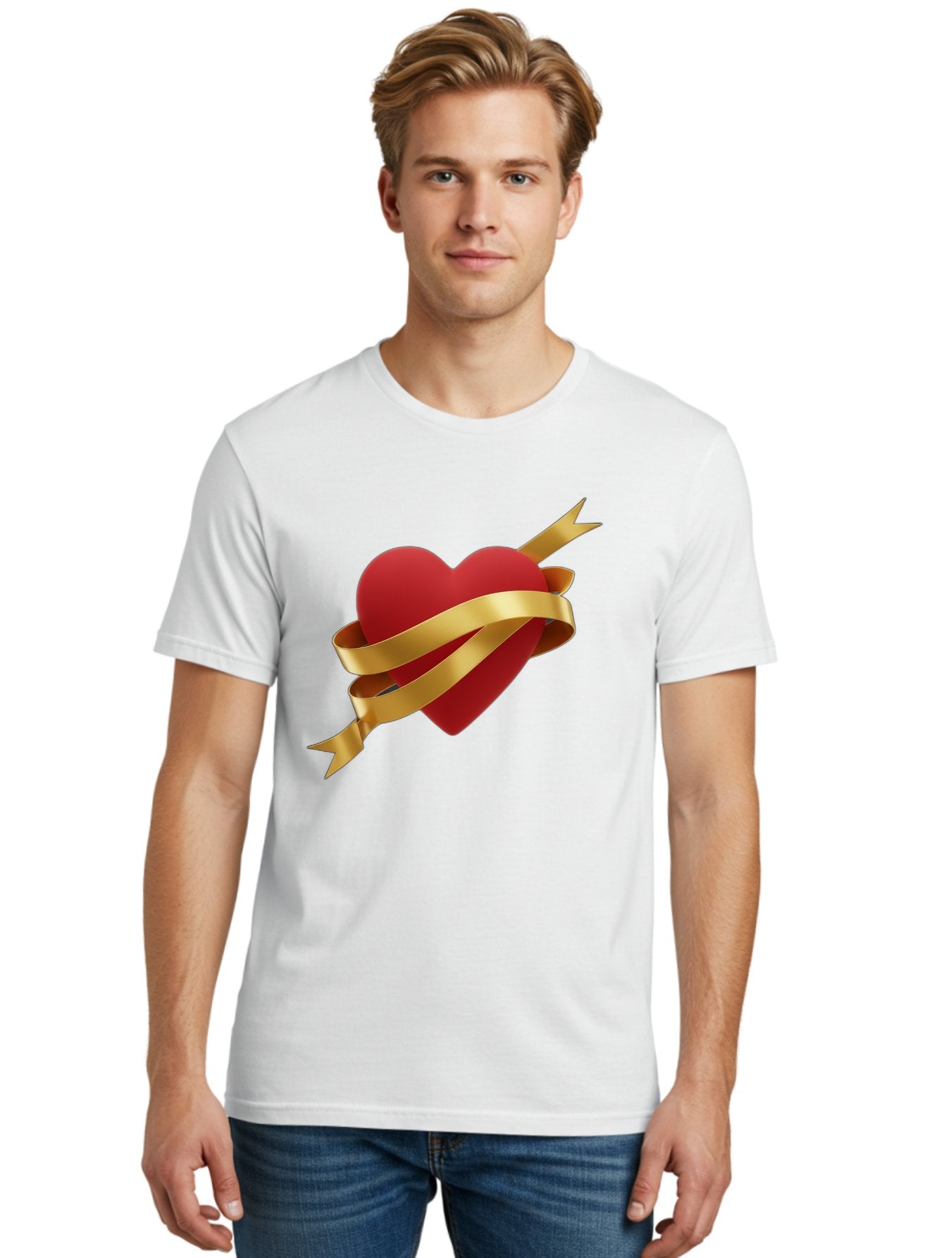 Heart-With-Ribbon-And-Arrow Men'S Graphic Tee, 100% Cotton, Comfortable Casual Summer Wear, Machine Washable, Red Heart, Gold Ribbon, Arrow Through Heart, Love Symbol, Valentines Day, Symbol Of Love, Heart With Ribbon Bae200 20
