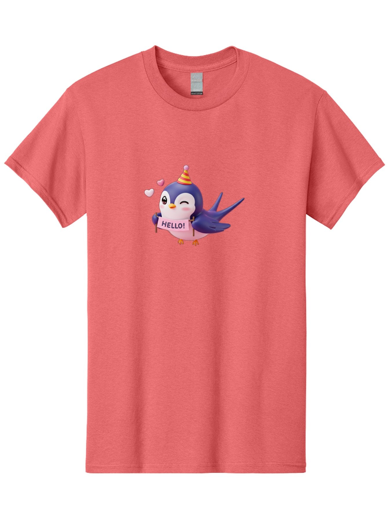 Hello-Bird Men'S Graphic Tee, 100% Cotton, Comfortable Casual Summer Wear, Machine Washable, Cartoon Bird, Party Hat, Hello Sign, Cute Animal, Friendly Greeting, Pink Hearts, Whimsical Design, Digital Illustration, Colorful Character Bae203 6