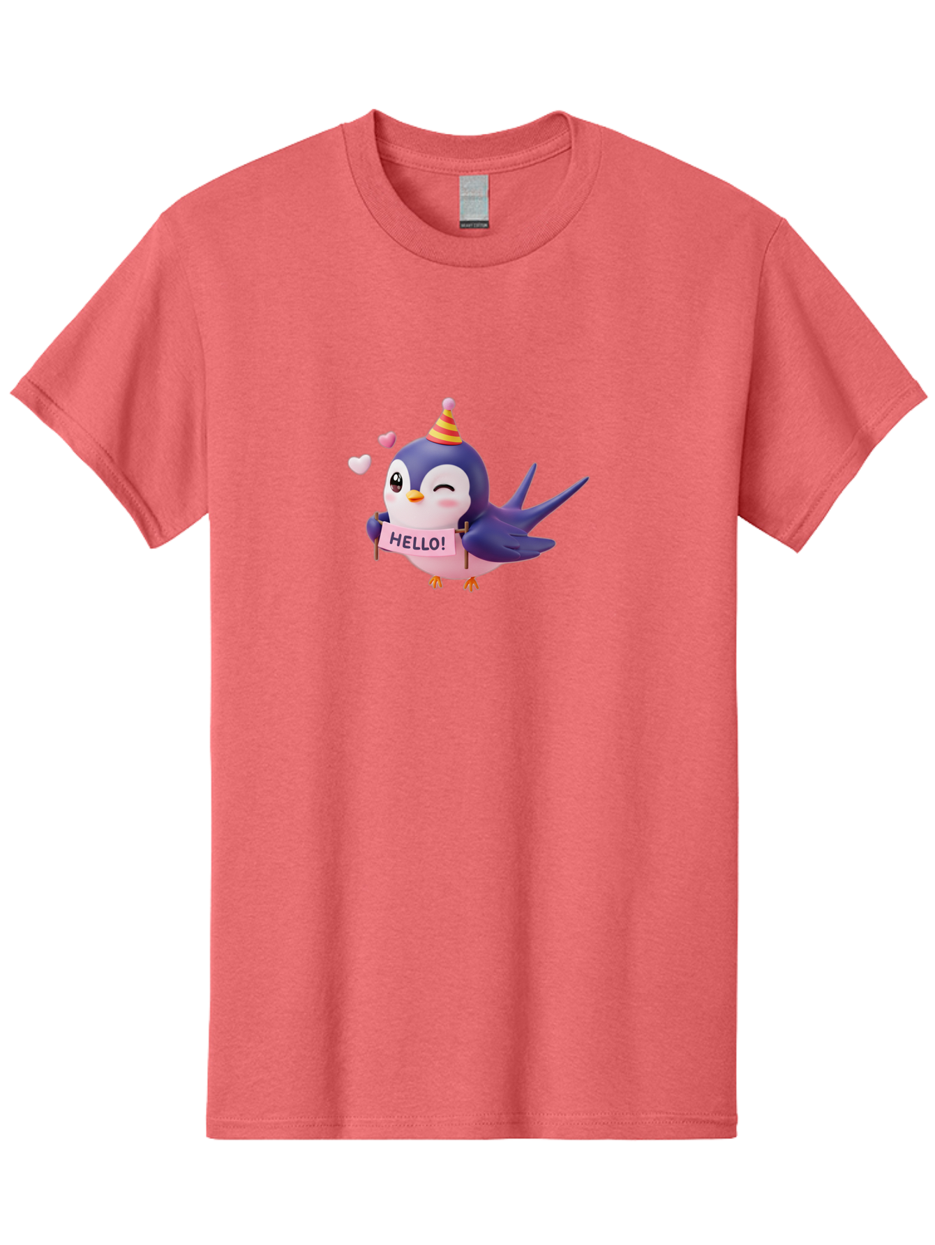Hello-Bird Men'S Graphic Tee, 100% Cotton, Comfortable Casual Summer Wear, Machine Washable, Cartoon Bird, Party Hat, Hello Sign, Cute Animal, Friendly Greeting, Pink Hearts, Whimsical Design, Digital Illustration, Colorful Character Bae203 7