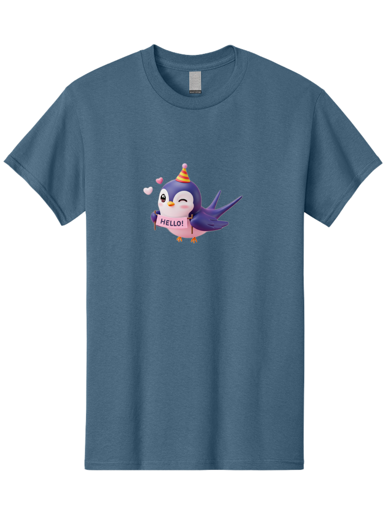 Hello-Bird Men'S Graphic Tee, 100% Cotton, Comfortable Casual Summer Wear, Machine Washable, Cartoon Bird, Party Hat, Hello Sign, Cute Animal, Friendly Greeting, Pink Hearts, Whimsical Design, Digital Illustration, Colorful Character Bae203