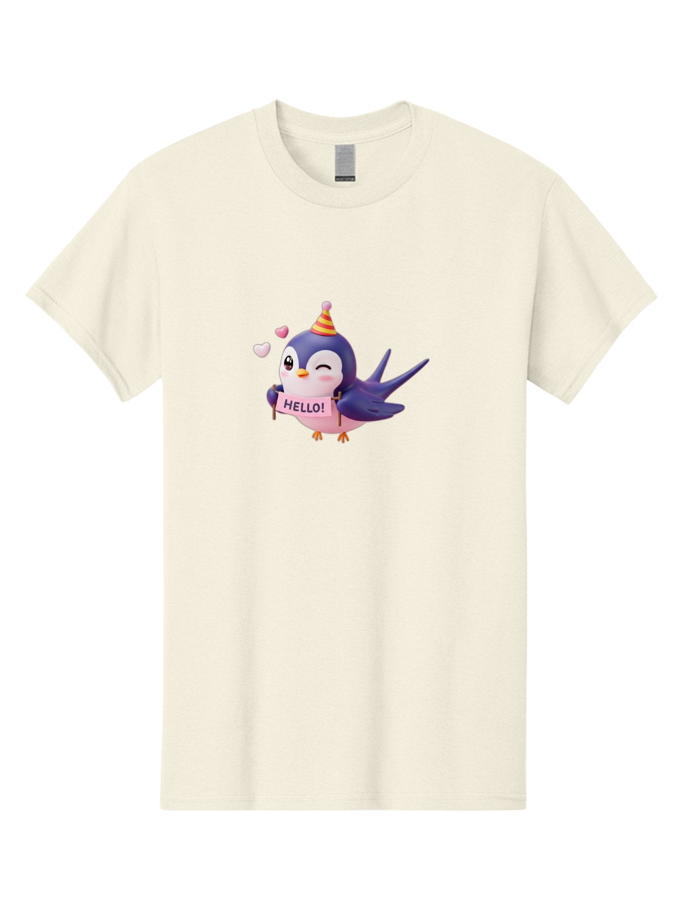 Hello-Bird Men'S Graphic Tee, 100% Cotton, Comfortable Casual Summer Wear, Machine Washable, Cartoon Bird, Party Hat, Hello Sign, Cute Animal, Friendly Greeting, Pink Hearts, Whimsical Design, Digital Illustration, Colorful Character Bae203