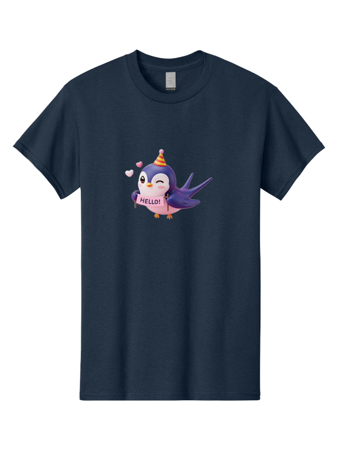 Hello-Bird Men'S Graphic Tee, 100% Cotton, Comfortable Casual Summer Wear, Machine Washable, Cartoon Bird, Party Hat, Hello Sign, Cute Animal, Friendly Greeting, Pink Hearts, Whimsical Design, Digital Illustration, Colorful Character Bae203 5