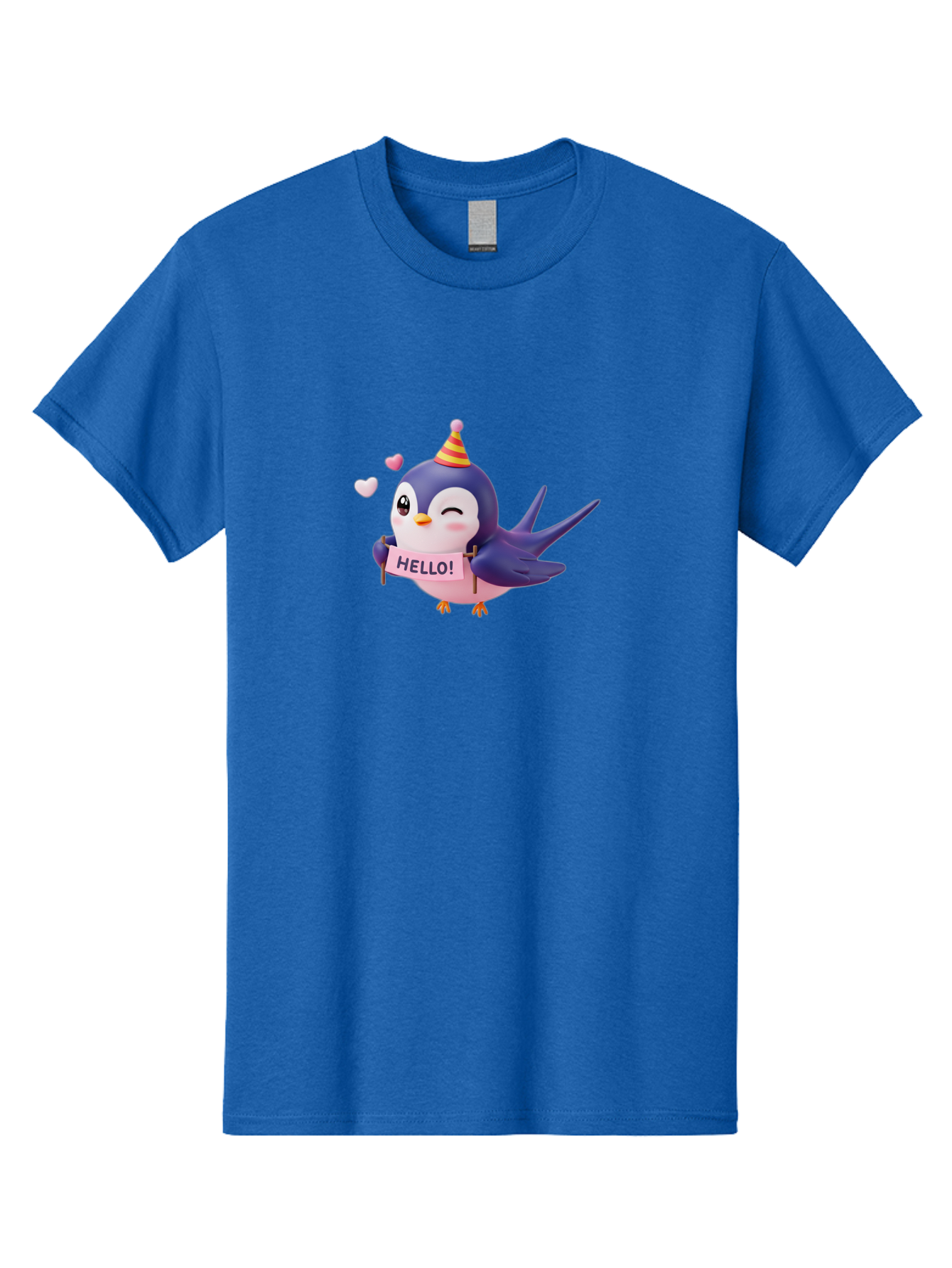Hello-Bird Men'S Graphic Tee, 100% Cotton, Comfortable Casual Summer Wear, Machine Washable, Cartoon Bird, Party Hat, Hello Sign, Cute Animal, Friendly Greeting, Pink Hearts, Whimsical Design, Digital Illustration, Colorful Character Bae203