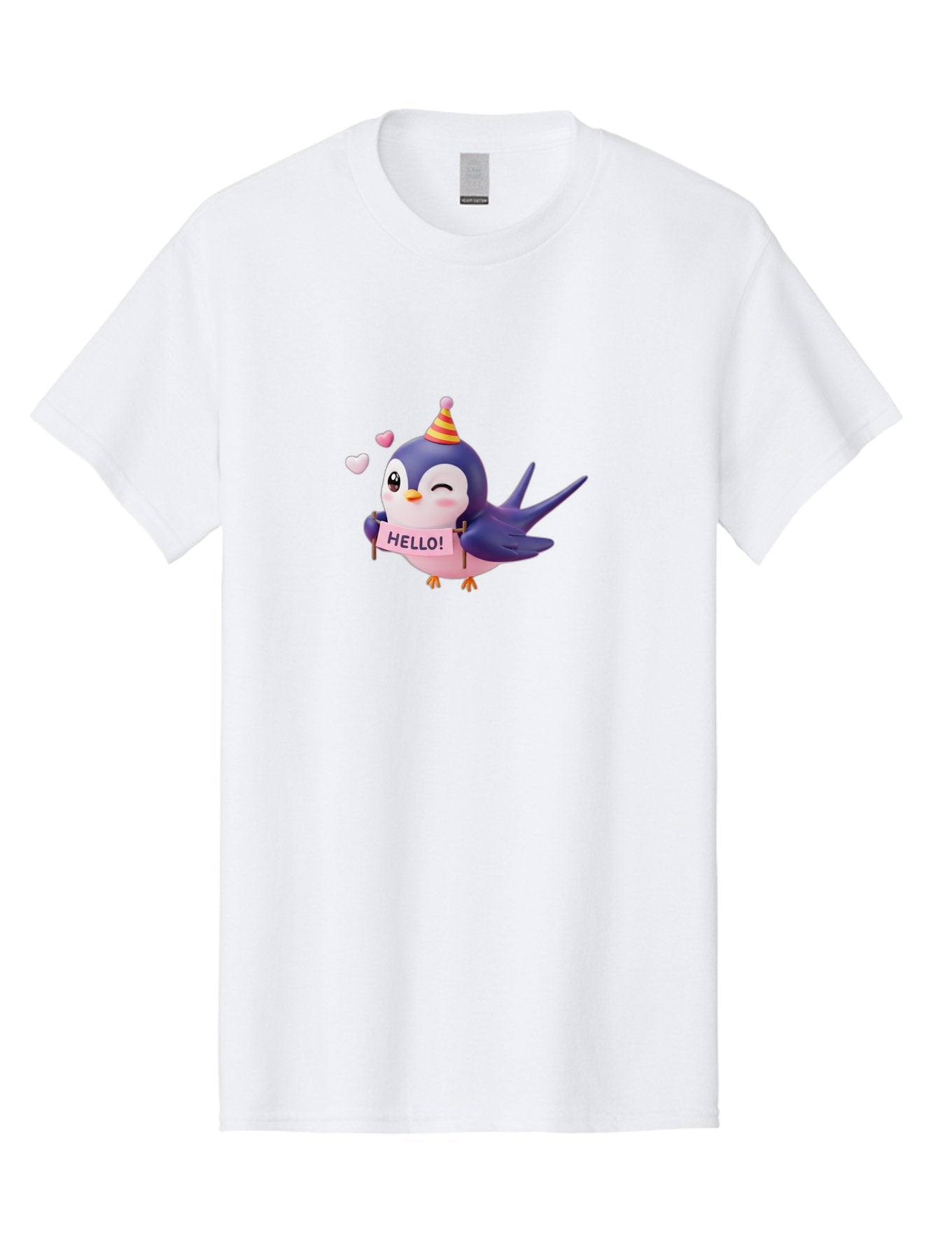 Hello-Bird Men'S Graphic Tee, 100% Cotton, Comfortable Casual Summer Wear, Machine Washable, Cartoon Bird, Party Hat, Hello Sign, Cute Animal, Friendly Greeting, Pink Hearts, Whimsical Design, Digital Illustration, Colorful Character Bae203 3