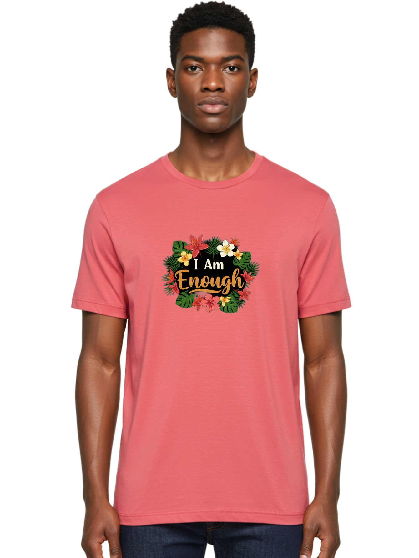 I-Am-Enough-6 Men'S Graphic Tee, 100% Cotton, Comfortable Casual Summer Wear, Machine Washable, Motivational Quote, Floral Wreath, Affirmation, Self-Love, Empowerment, Inspirational Quote, Positive Vibes, Tropical Flowers, Leaves Bae210 26
