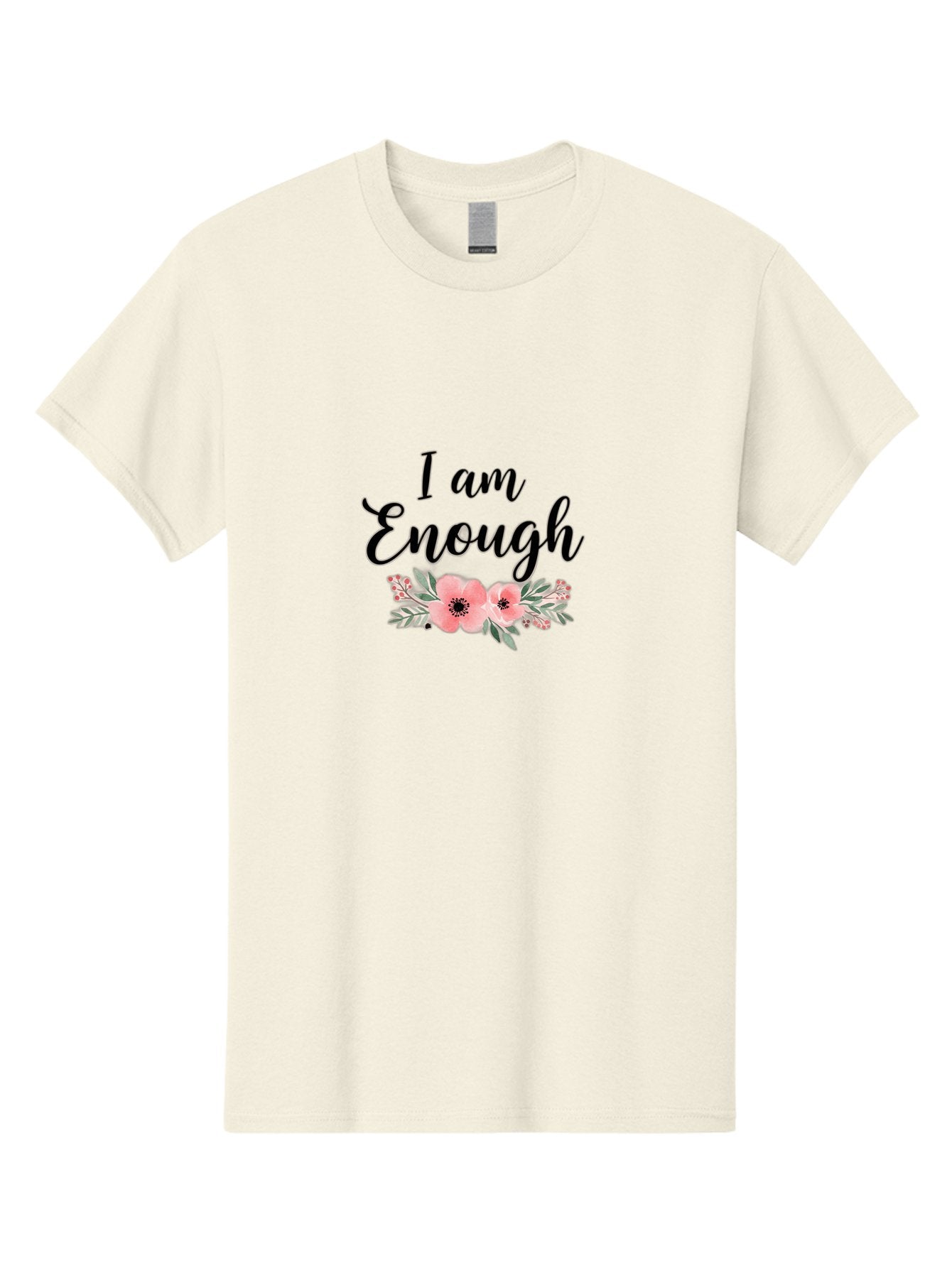 I-Am-Enough Men'S Graphic Tee, 100% Cotton, Comfortable Casual Summer Wear, Machine Washable, Positive Affirmation, Floral Design, Pink Flowers, Motivational Quote, Self Love, Empowerment, Black Lettering, Inspirational Message, Lovely Flowers Bae211 5