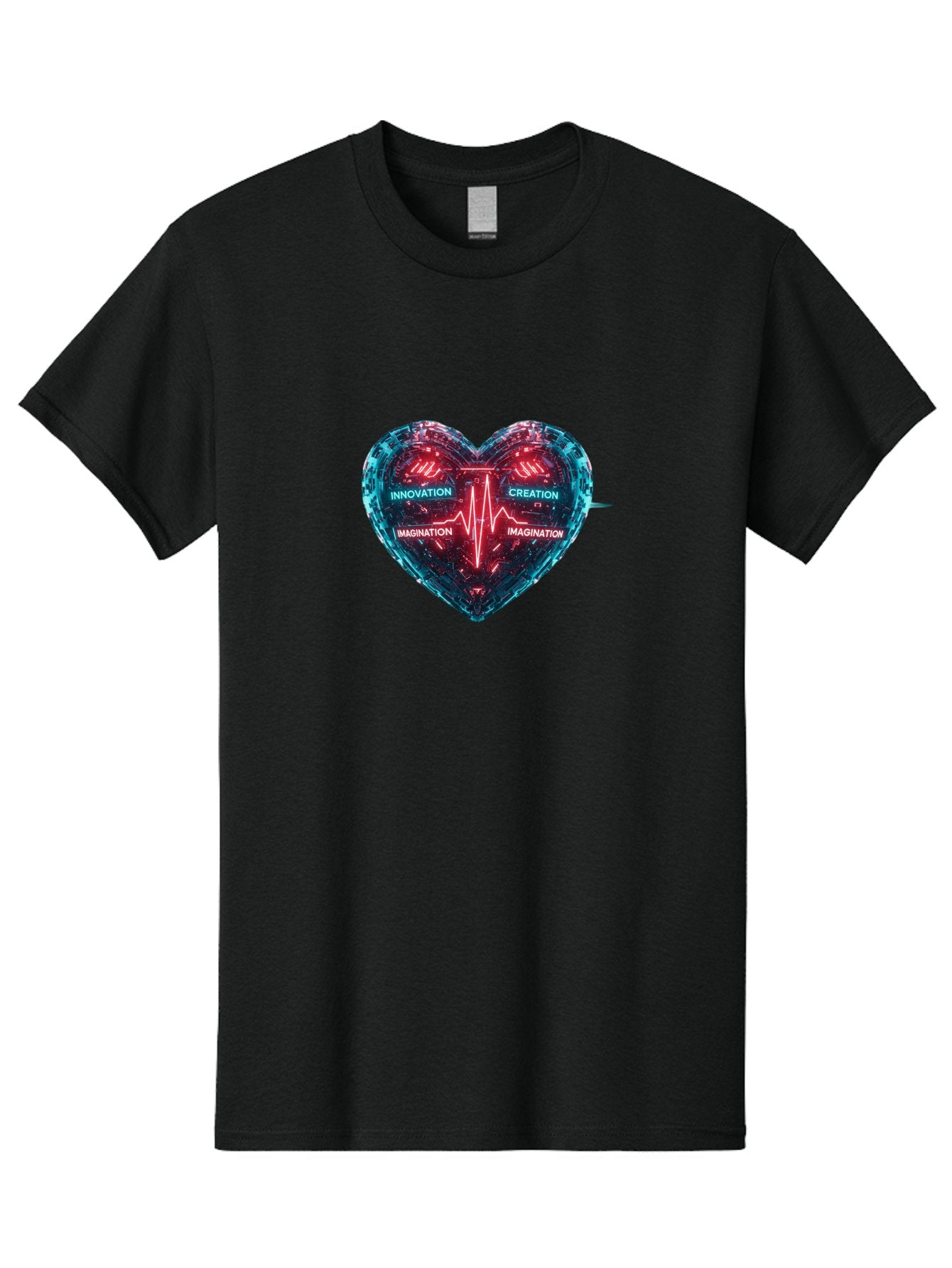 Innovation-Creation-Imagination Men'S Graphic Tee, 100% Cotton, Comfortable Casual Summer Wear, Machine Washable, Heart Shape, Circuit Board Design, Pulsating Heartbeat, Innovation, Creation, Imagination, Blue And Red Neon Lights, Bae212 10