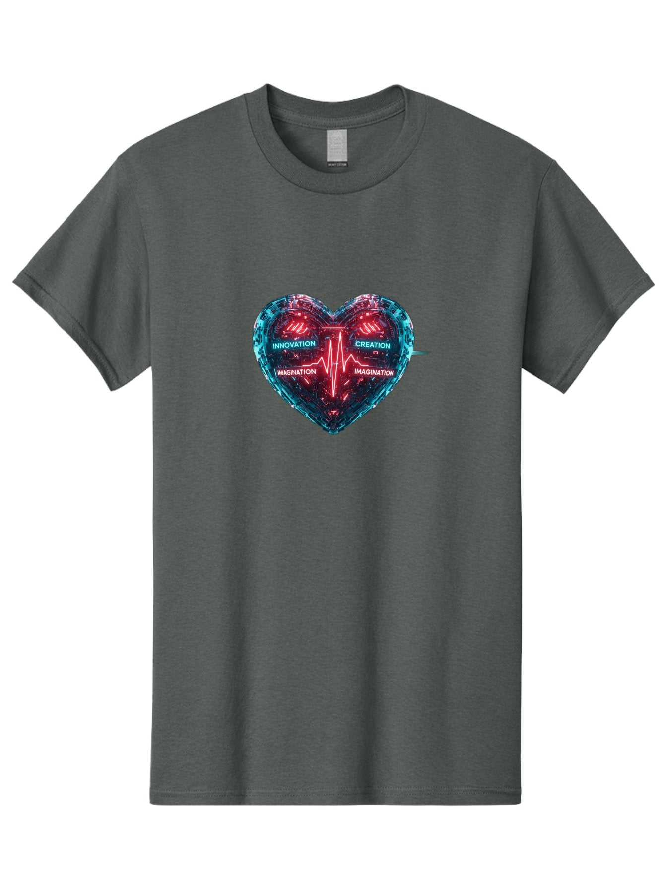 Innovation-Creation-Imagination Men'S Graphic Tee, 100% Cotton, Comfortable Casual Summer Wear, Machine Washable, Heart Shape, Circuit Board Design, Pulsating Heartbeat, Innovation, Creation, Imagination, Blue And Red Neon Lights, Bae212 13