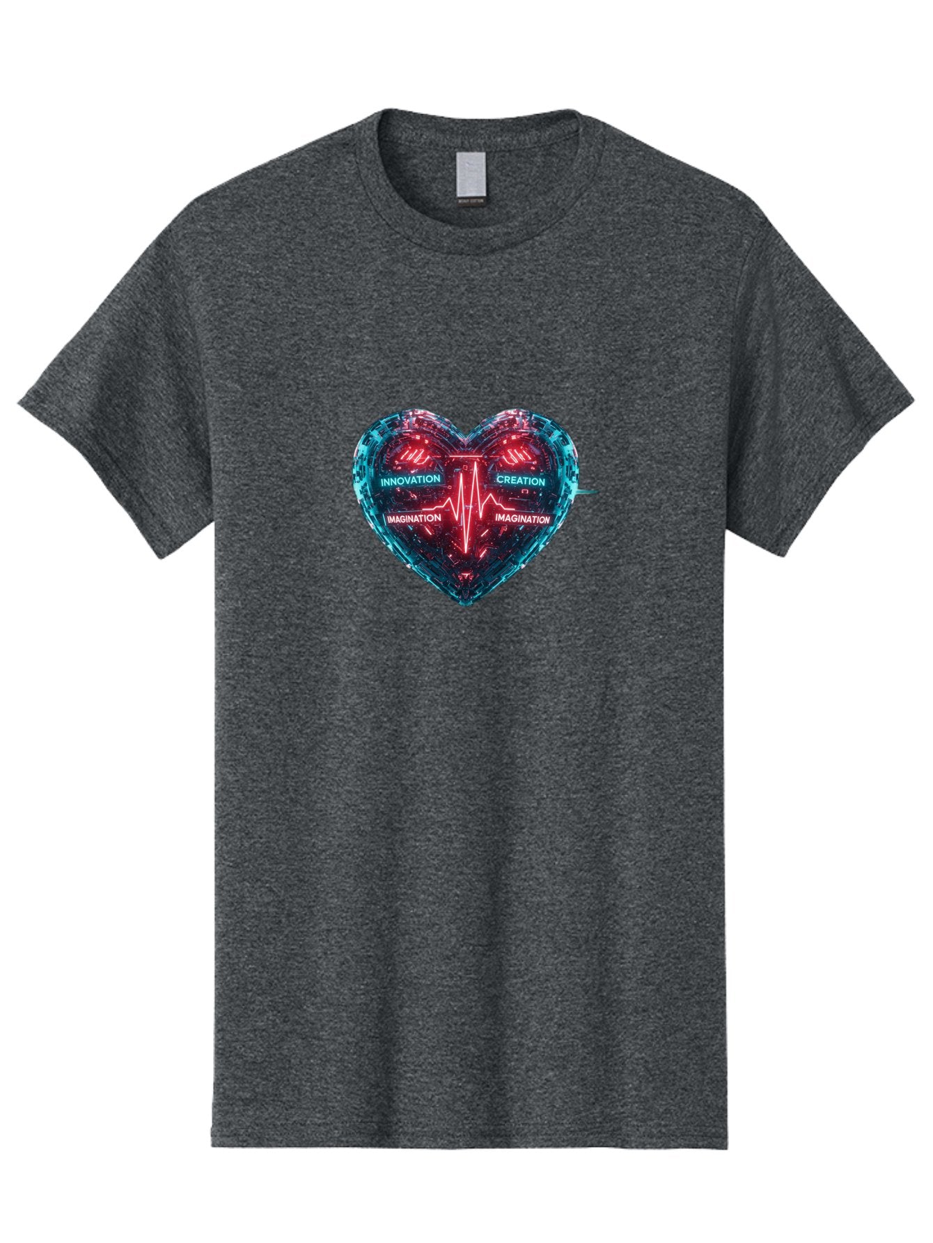 Innovation-Creation-Imagination Men'S Graphic Tee, 100% Cotton, Comfortable Casual Summer Wear, Machine Washable, Heart Shape, Circuit Board Design, Pulsating Heartbeat, Innovation, Creation, Imagination, Blue And Red Neon Lights, Bae212