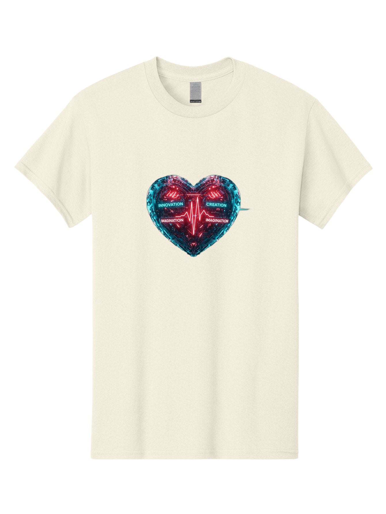 Innovation-Creation-Imagination Men'S Graphic Tee, 100% Cotton, Comfortable Casual Summer Wear, Machine Washable, Heart Shape, Circuit Board Design, Pulsating Heartbeat, Innovation, Creation, Imagination, Blue And Red Neon Lights, Bae212 3