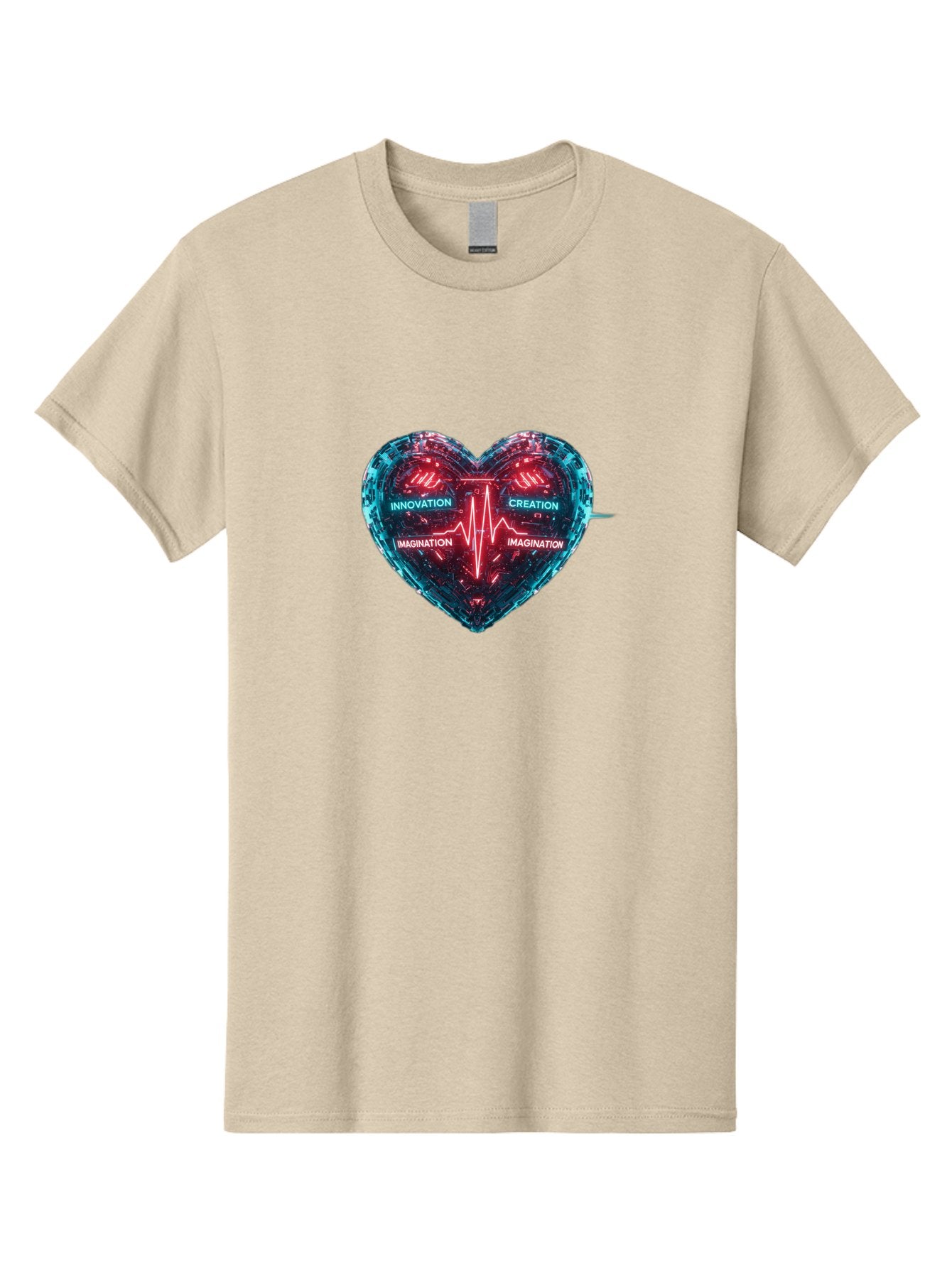 Innovation-Creation-Imagination Men'S Graphic Tee, 100% Cotton, Comfortable Casual Summer Wear, Machine Washable, Heart Shape, Circuit Board Design, Pulsating Heartbeat, Innovation, Creation, Imagination, Blue And Red Neon Lights, Bae212 4