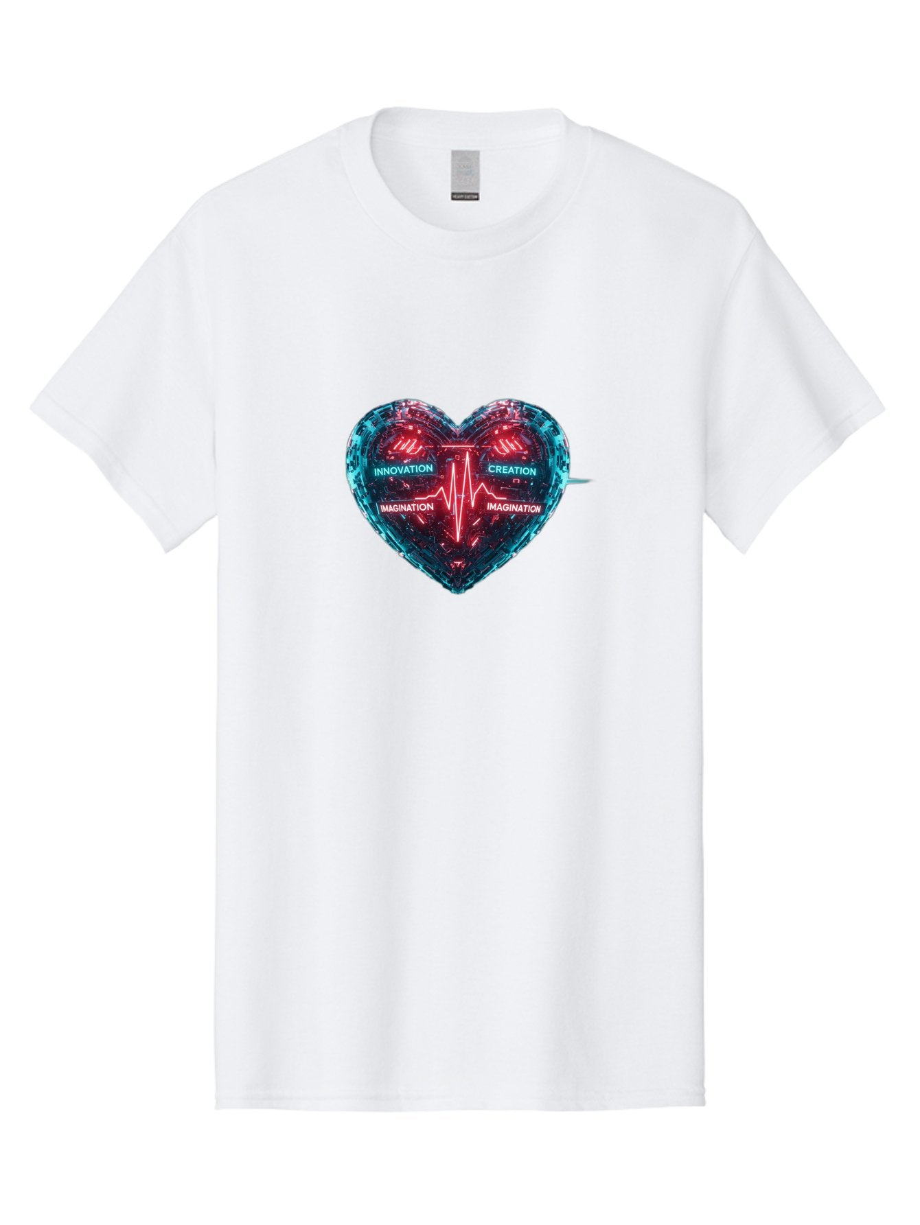 Innovation-Creation-Imagination Men'S Graphic Tee, 100% Cotton, Comfortable Casual Summer Wear, Machine Washable, Heart Shape, Circuit Board Design, Pulsating Heartbeat, Innovation, Creation, Imagination, Blue And Red Neon Lights, Bae212 14