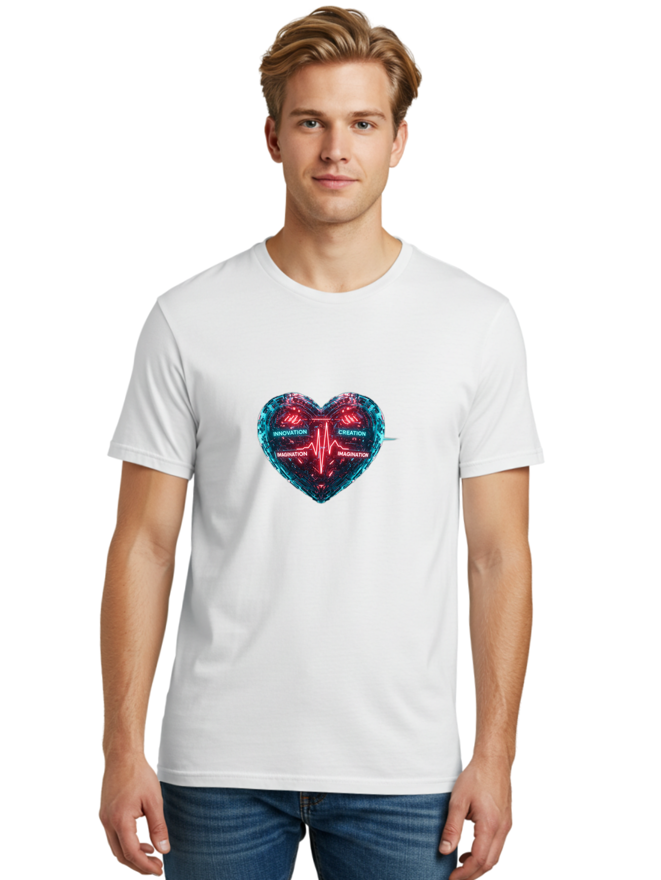 Innovation-Creation-Imagination Men'S Graphic Tee, 100% Cotton, Comfortable Casual Summer Wear, Machine Washable, Heart Shape, Circuit Board Design, Pulsating Heartbeat, Innovation, Creation, Imagination, Blue And Red Neon Lights, Bae212 17