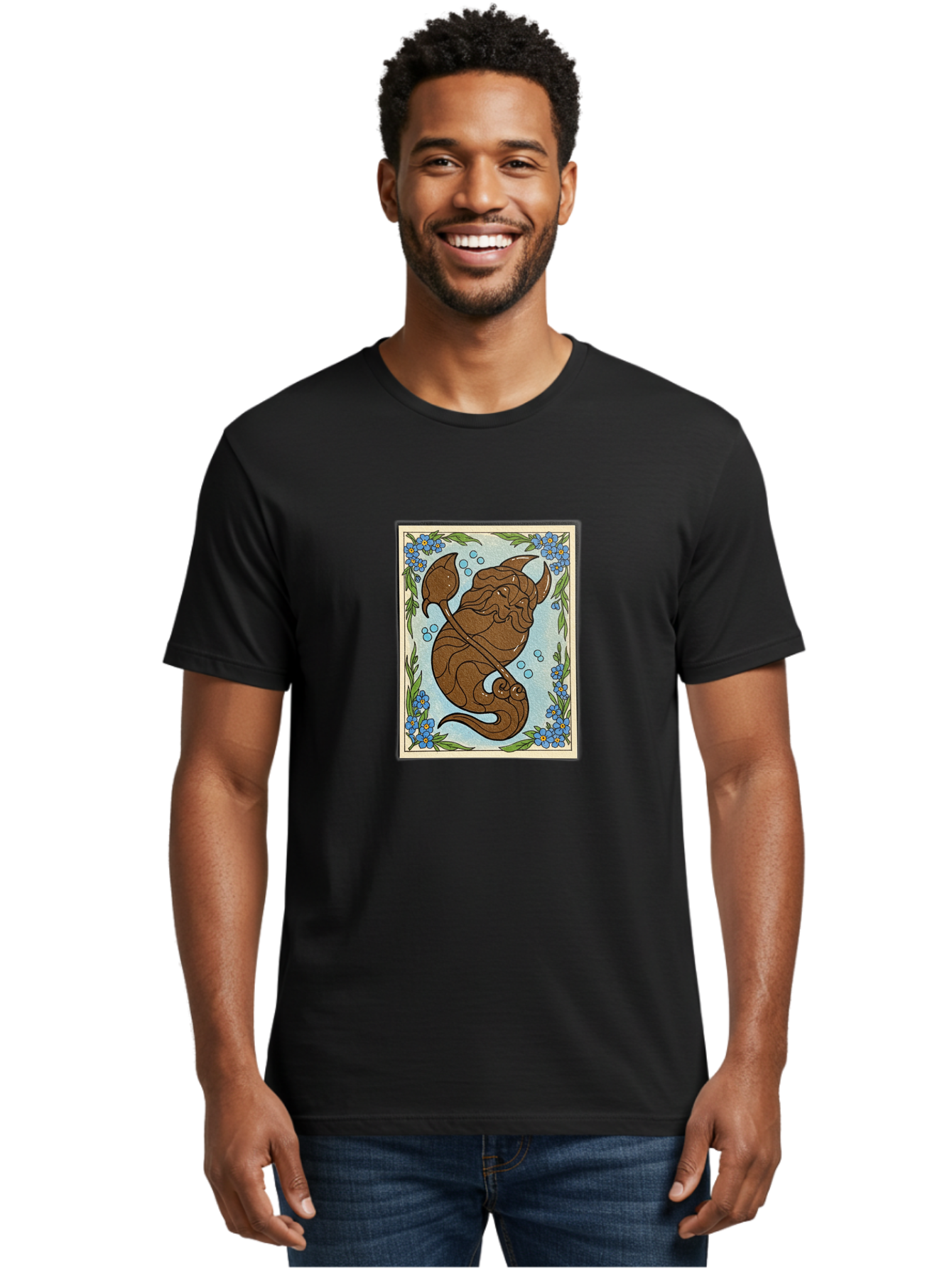 King-Neptune Men'S Graphic Tee, 100% Cotton, Comfortable Casual Summer Wear, Machine Washable, Merman With Trident, Mythical Creature, Underwater Scene, Blue Flowers, Green Leaves, Aquatic Fantasy, Ocean Mythology, Sea God, Folklore Character, Bae214 26