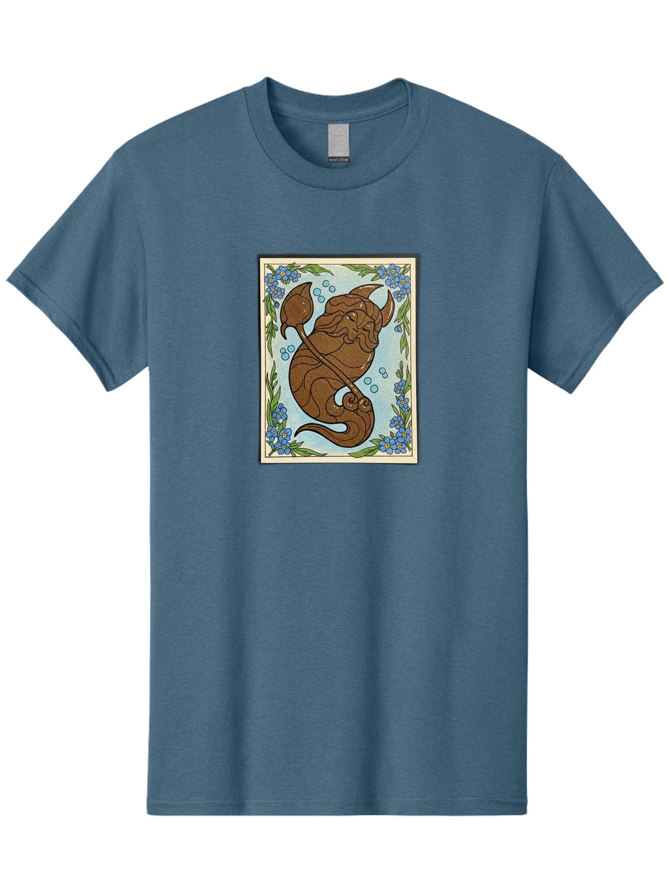 King-Neptune Men'S Graphic Tee, 100% Cotton, Comfortable Casual Summer Wear, Machine Washable, Merman With Trident, Mythical Creature, Underwater Scene, Blue Flowers, Green Leaves, Aquatic Fantasy, Ocean Mythology, Sea God, Folklore Character, Bae214 14