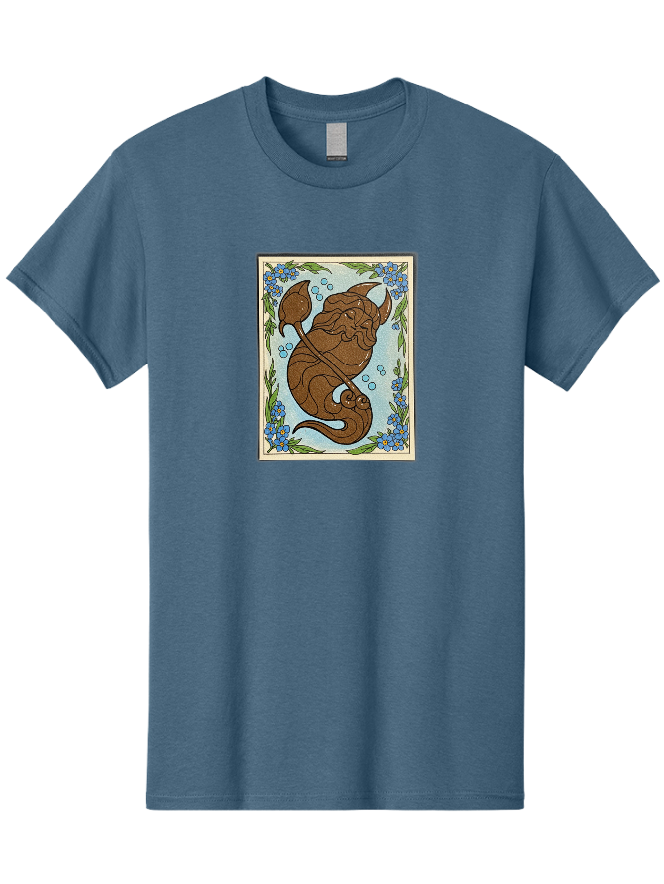 King-Neptune Men'S Graphic Tee, 100% Cotton, Comfortable Casual Summer Wear, Machine Washable, Merman With Trident, Mythical Creature, Underwater Scene, Blue Flowers, Green Leaves, Aquatic Fantasy, Ocean Mythology, Sea God, Folklore Character, Bae214