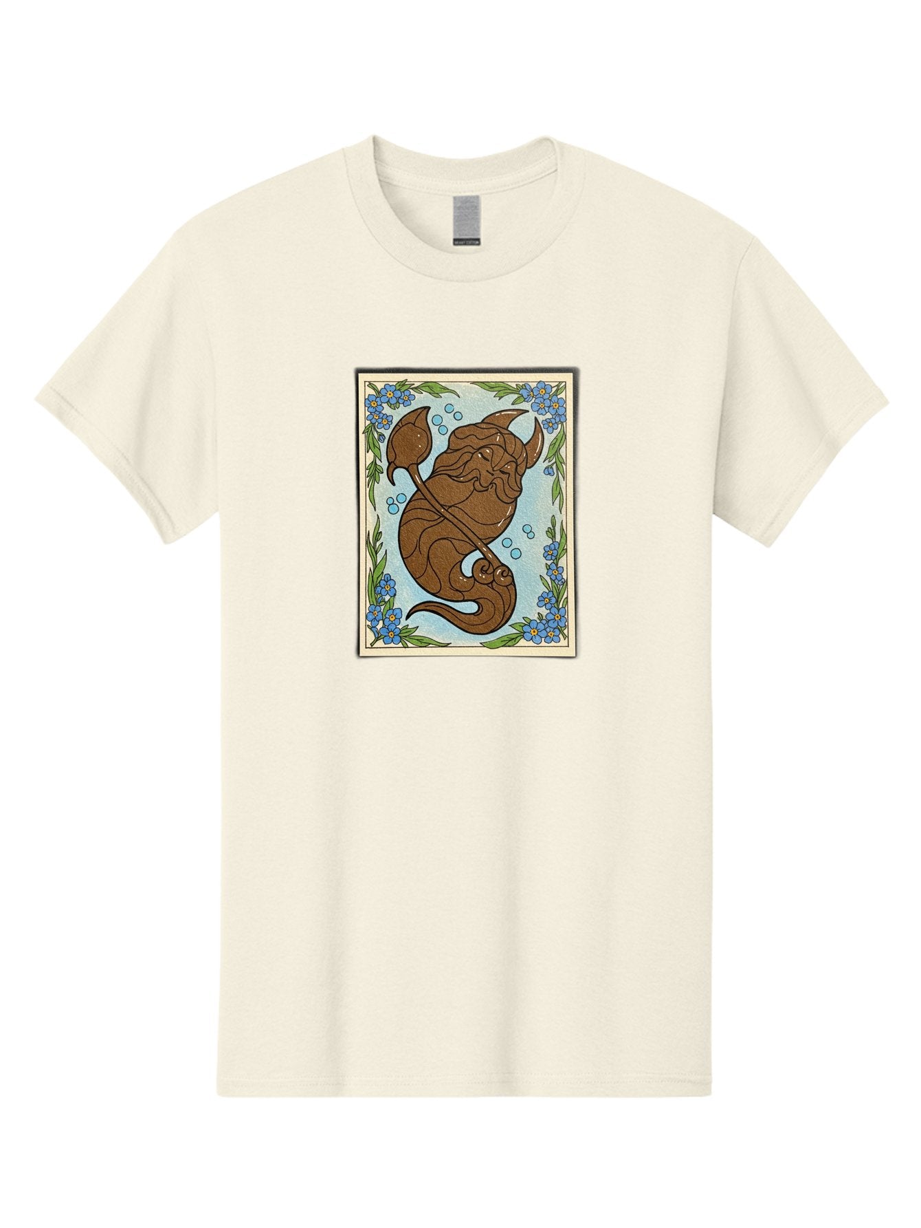 King-Neptune Men'S Graphic Tee, 100% Cotton, Comfortable Casual Summer Wear, Machine Washable, Merman With Trident, Mythical Creature, Underwater Scene, Blue Flowers, Green Leaves, Aquatic Fantasy, Ocean Mythology, Sea God, Folklore Character, Bae214 7