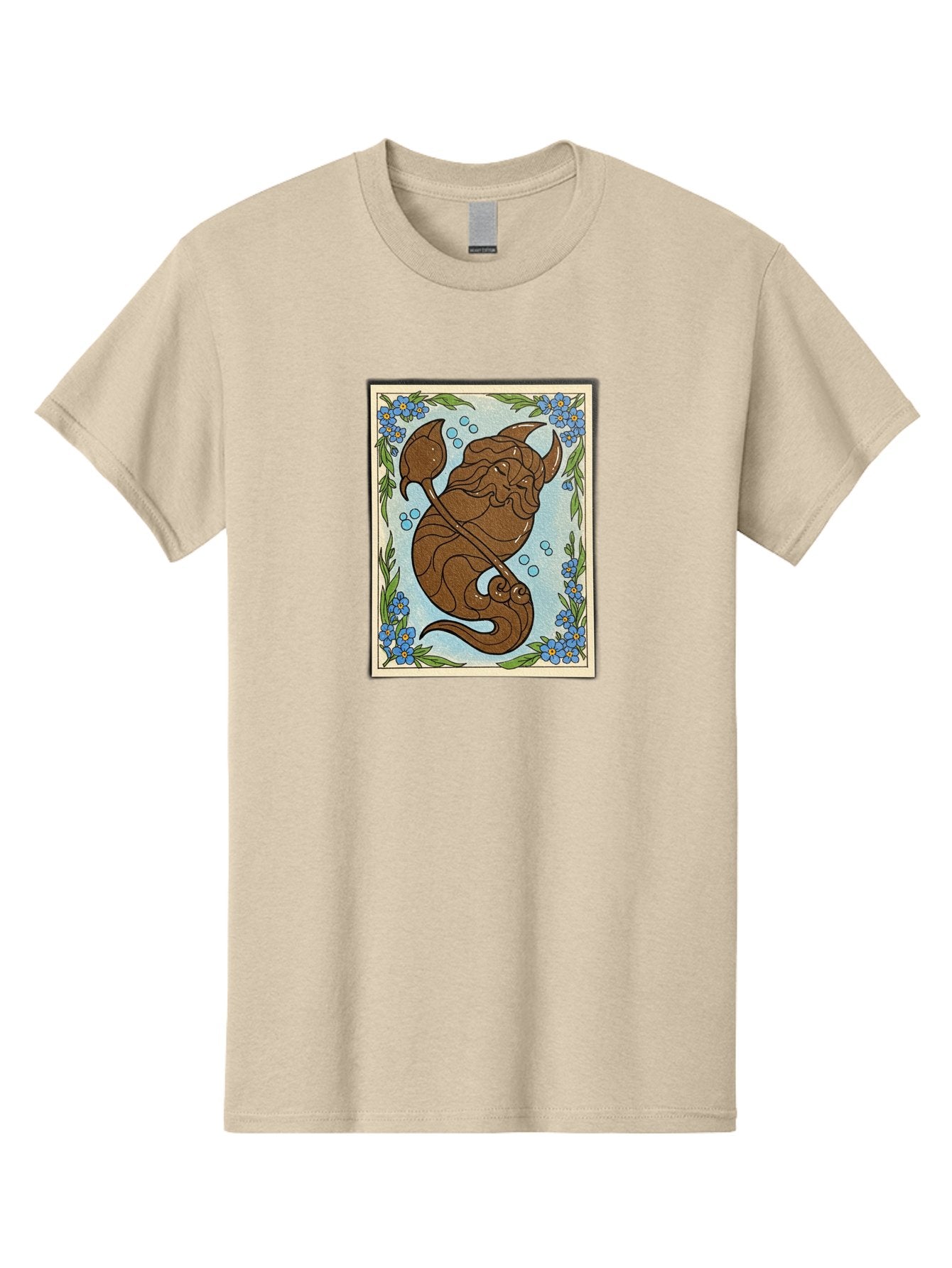 King-Neptune Men'S Graphic Tee, 100% Cotton, Comfortable Casual Summer Wear, Machine Washable, Merman With Trident, Mythical Creature, Underwater Scene, Blue Flowers, Green Leaves, Aquatic Fantasy, Ocean Mythology, Sea God, Folklore Character, Bae214 15