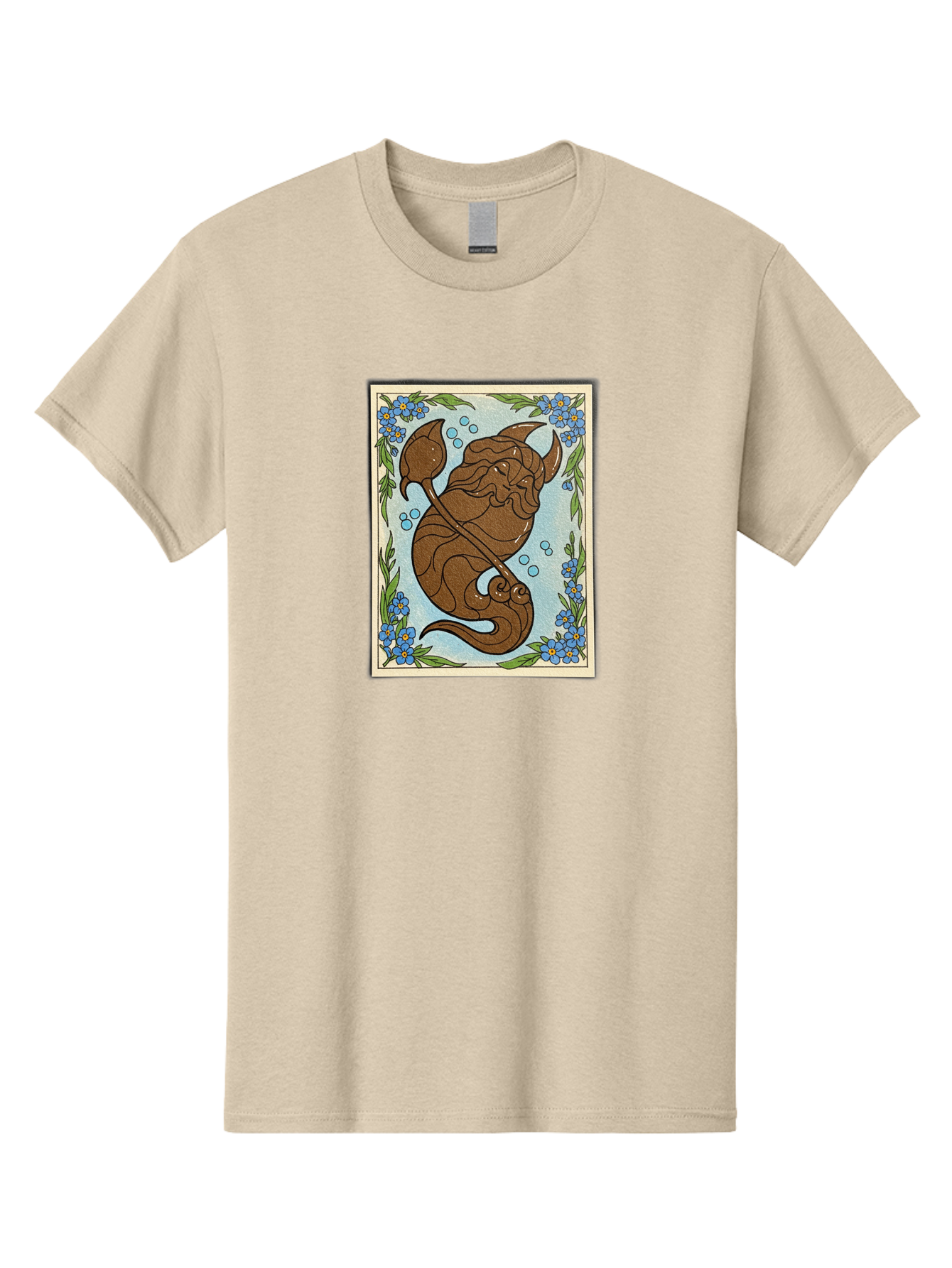 King-Neptune Men'S Graphic Tee, 100% Cotton, Comfortable Casual Summer Wear, Machine Washable, Merman With Trident, Mythical Creature, Underwater Scene, Blue Flowers, Green Leaves, Aquatic Fantasy, Ocean Mythology, Sea God, Folklore Character, Bae214