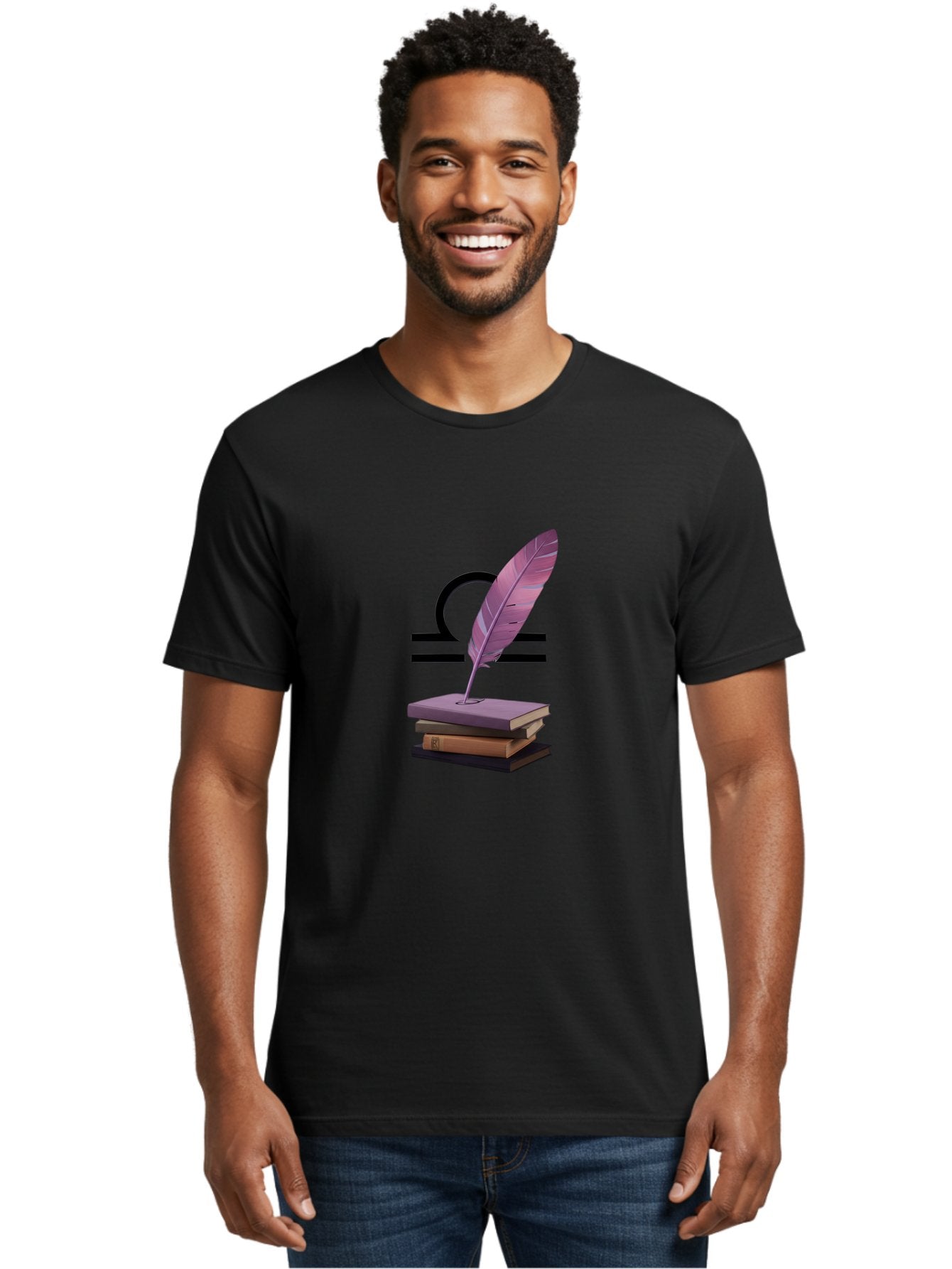 Libra-Quill Men'S Graphic Tee, 100% Cotton, Comfortable Casual Summer Wear, Machine Washable, Quill Pen On Notebook, Libra Symbol, Astrology, Writing, Journaling, Creativity, Self-Expression, Zodiac Sign, Purple Quill, Stacked Books Bae216 18