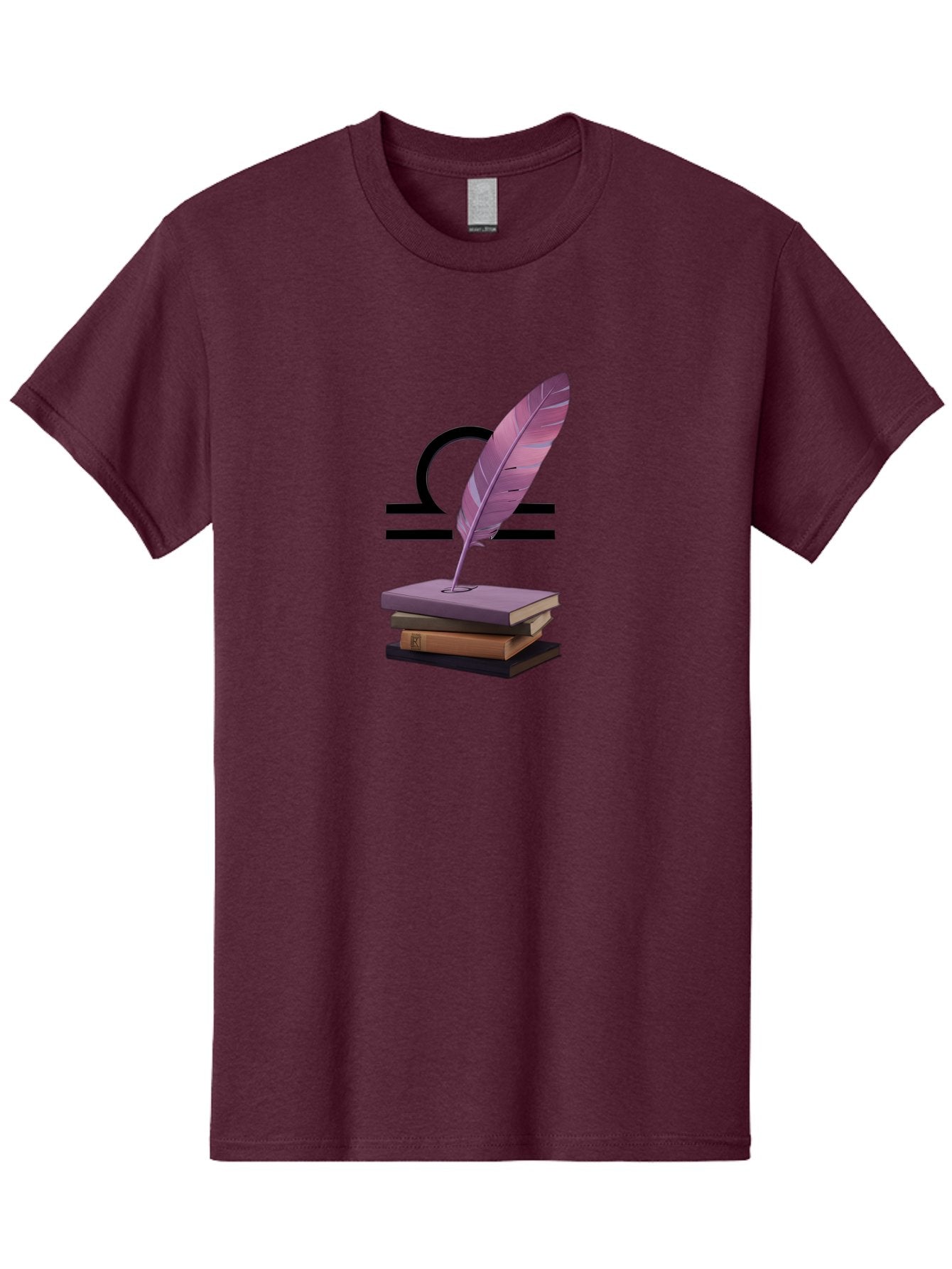 Libra-Quill Men'S Graphic Tee, 100% Cotton, Comfortable Casual Summer Wear, Machine Washable, Quill Pen On Notebook, Libra Symbol, Astrology, Writing, Journaling, Creativity, Self-Expression, Zodiac Sign, Purple Quill, Stacked Books Bae216 3