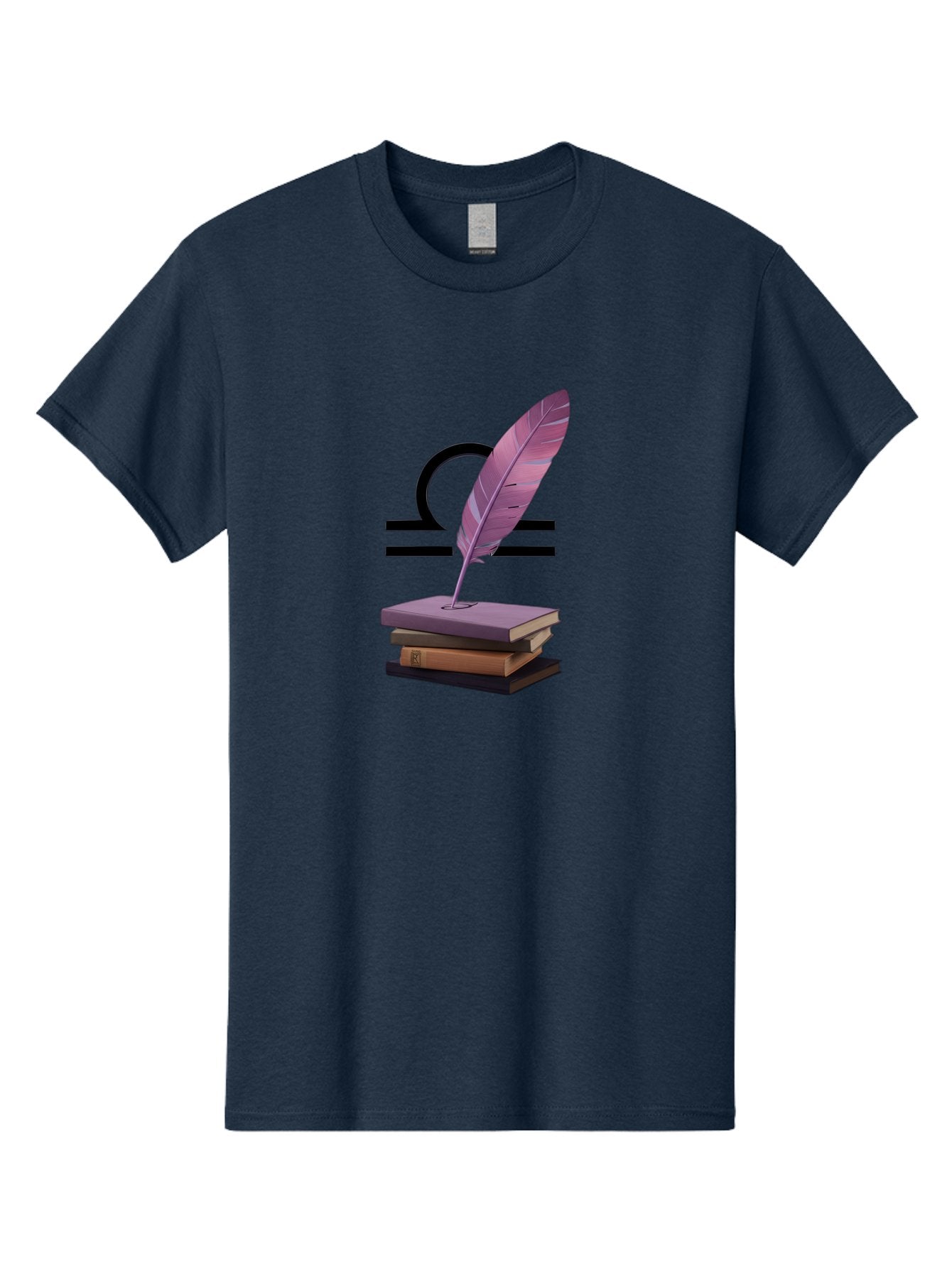 Libra-Quill Men'S Graphic Tee, 100% Cotton, Comfortable Casual Summer Wear, Machine Washable, Quill Pen On Notebook, Libra Symbol, Astrology, Writing, Journaling, Creativity, Self-Expression, Zodiac Sign, Purple Quill, Stacked Books Bae216