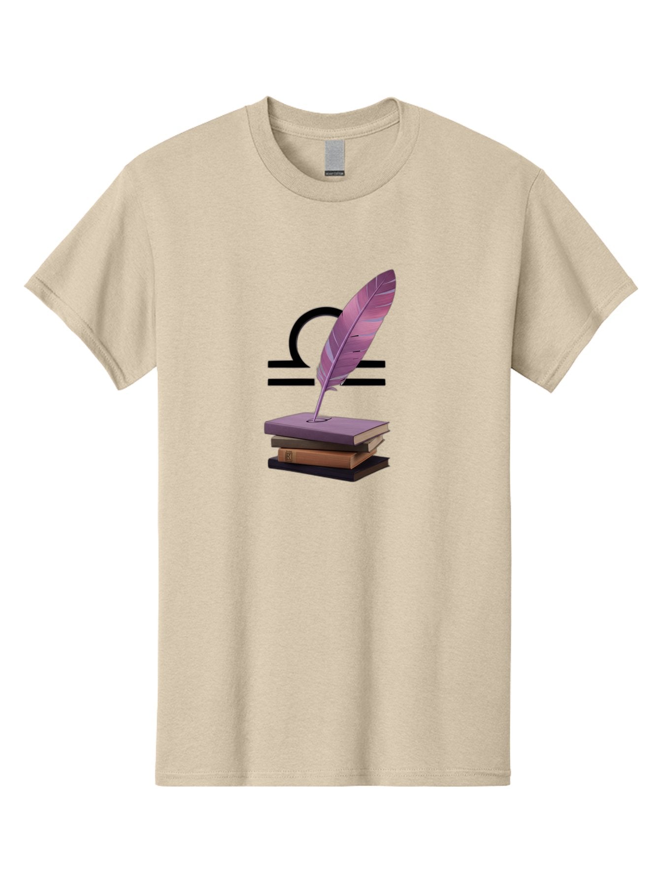 Libra-Quill Men'S Graphic Tee, 100% Cotton, Comfortable Casual Summer Wear, Machine Washable, Quill Pen On Notebook, Libra Symbol, Astrology, Writing, Journaling, Creativity, Self-Expression, Zodiac Sign, Purple Quill, Stacked Books Bae216