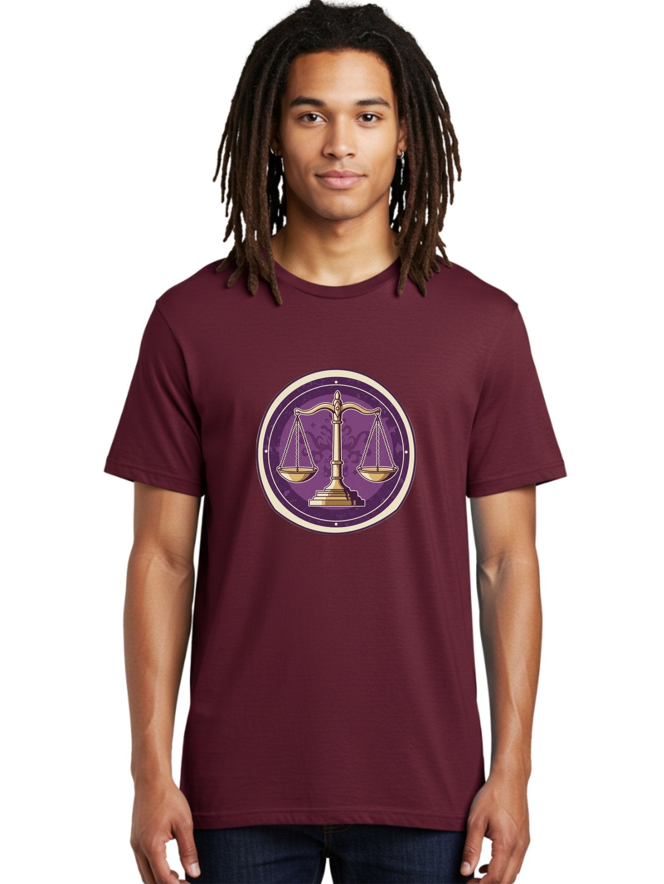 Libra-Scales Men'S Graphic Tee, 100% Cotton, Comfortable Casual Summer Wear, Machine Washable, Scales Of Justice, Balance And Harmony, Libra Zodiac Sign, Gold Scales, Purple Circle, Justice Symbol, Equilibrium, Fairness, Astrology Symbol Bae218 26