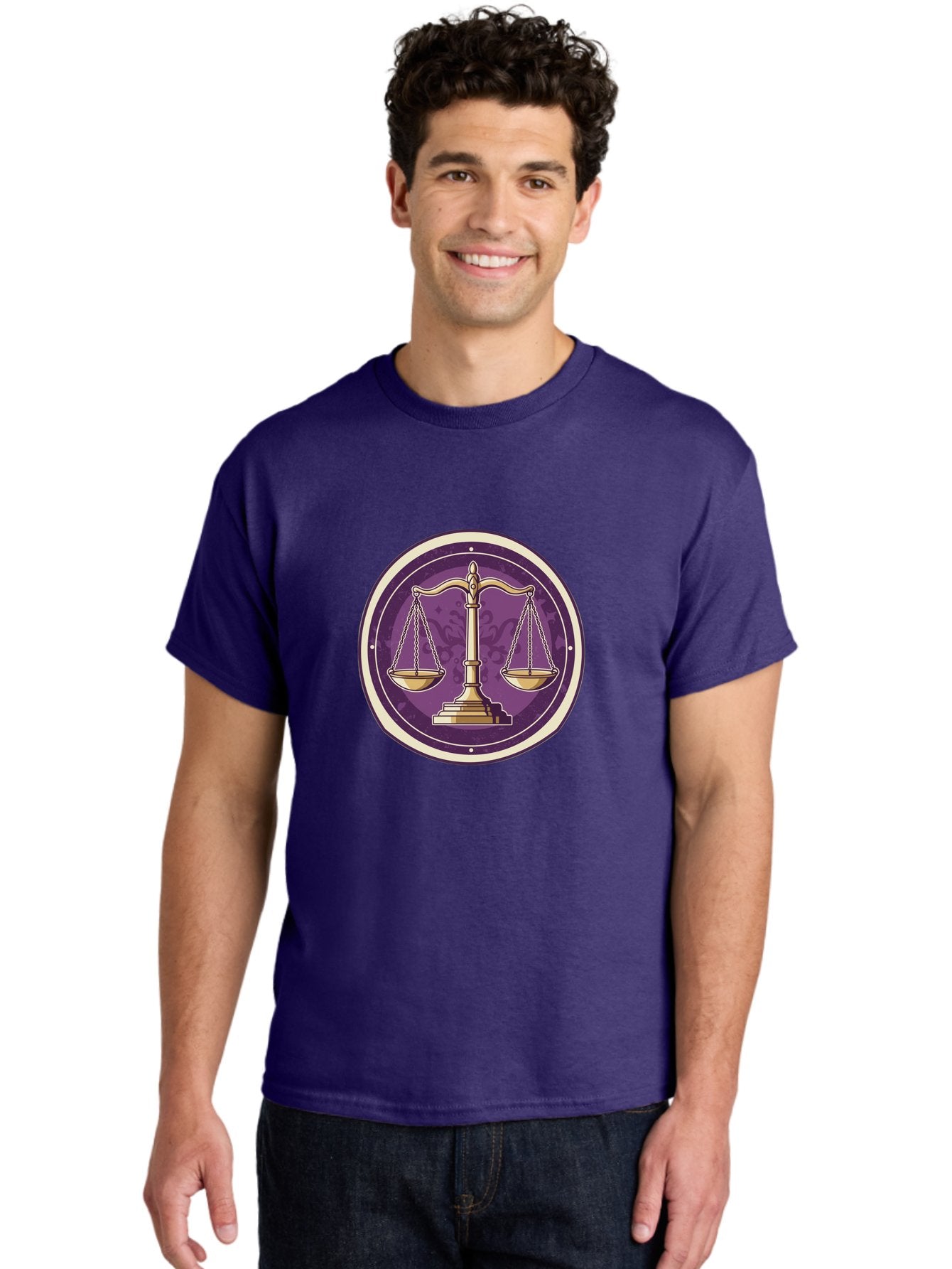 Libra-Scales Men'S Graphic Tee, 100% Cotton, Comfortable Casual Summer Wear, Machine Washable, Scales Of Justice, Balance And Harmony, Libra Zodiac Sign, Gold Scales, Purple Circle, Justice Symbol, Equilibrium, Fairness, Astrology Symbol Bae218 19