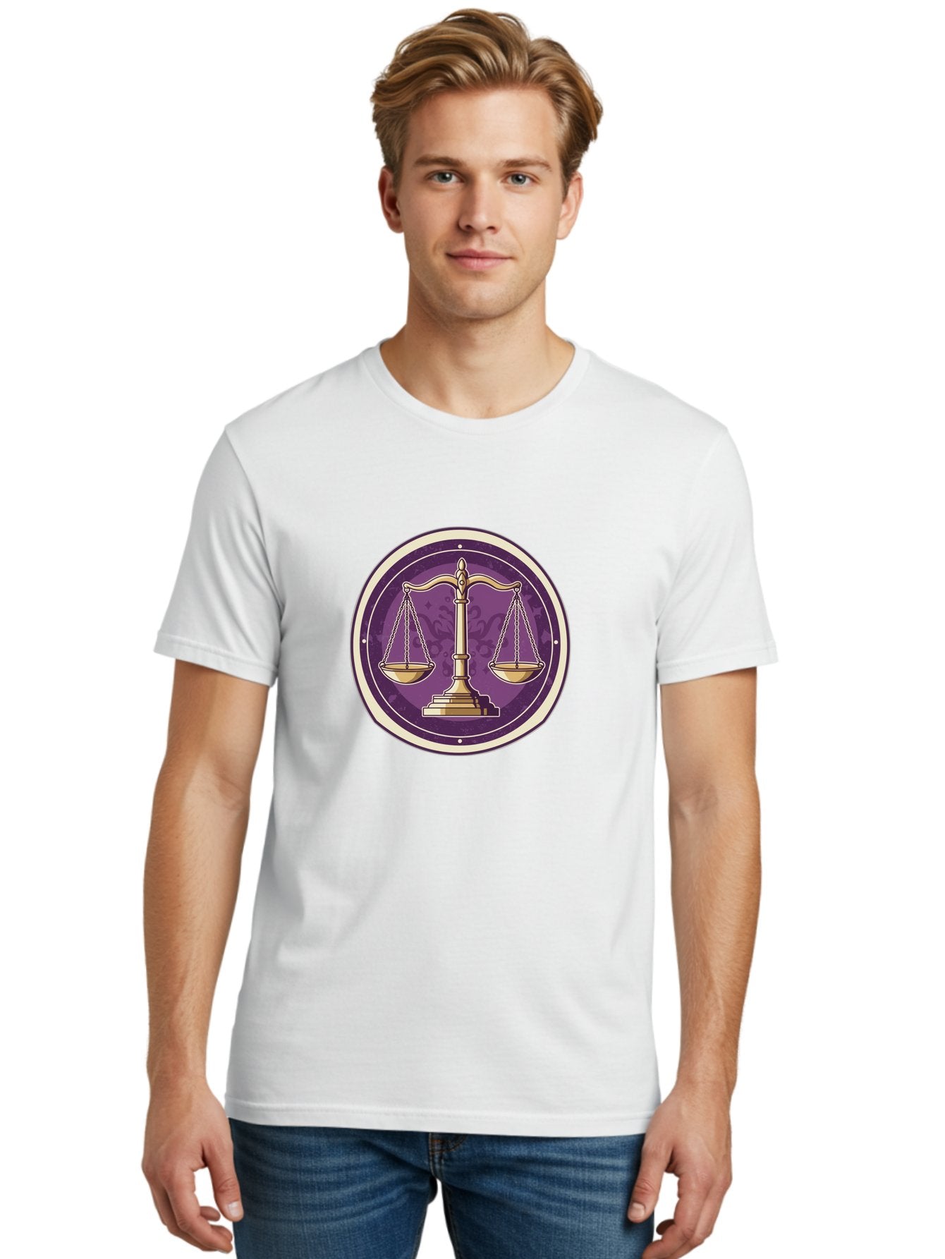 Libra-Scales Men'S Graphic Tee, 100% Cotton, Comfortable Casual Summer Wear, Machine Washable, Scales Of Justice, Balance And Harmony, Libra Zodiac Sign, Gold Scales, Purple Circle, Justice Symbol, Equilibrium, Fairness, Astrology Symbol Bae218 29