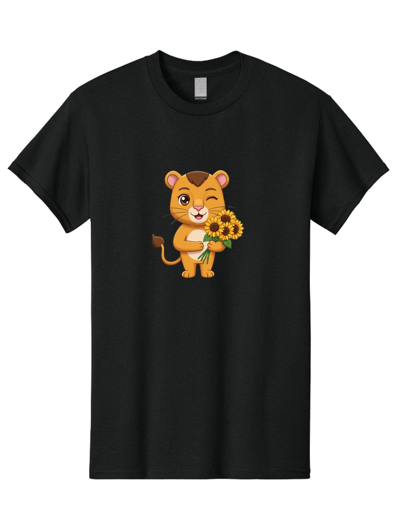 Lion-Holding-Sunflowers Men'S Graphic Tee, 100% Cotton, Comfortable Casual Summer Wear, Machine Washable, Cartoon Lion, Holding Sunflowers, Happy Expression, Cute Character, Yellow Flowers, Smiling Animal, Friendly Creature, Bae221 14