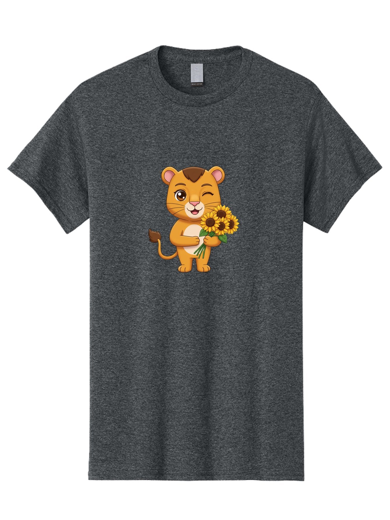 Lion-Holding-Sunflowers Men'S Graphic Tee, 100% Cotton, Comfortable Casual Summer Wear, Machine Washable, Cartoon Lion, Holding Sunflowers, Happy Expression, Cute Character, Yellow Flowers, Smiling Animal, Friendly Creature, Bae221 10