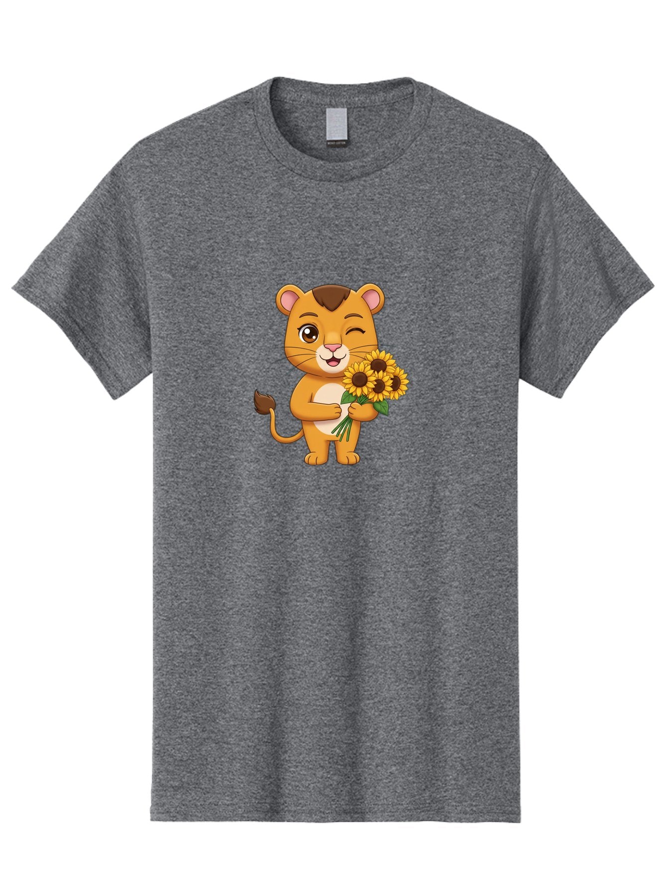 Lion-Holding-Sunflowers Men'S Graphic Tee, 100% Cotton, Comfortable Casual Summer Wear, Machine Washable, Cartoon Lion, Holding Sunflowers, Happy Expression, Cute Character, Yellow Flowers, Smiling Animal, Friendly Creature, Bae221 15