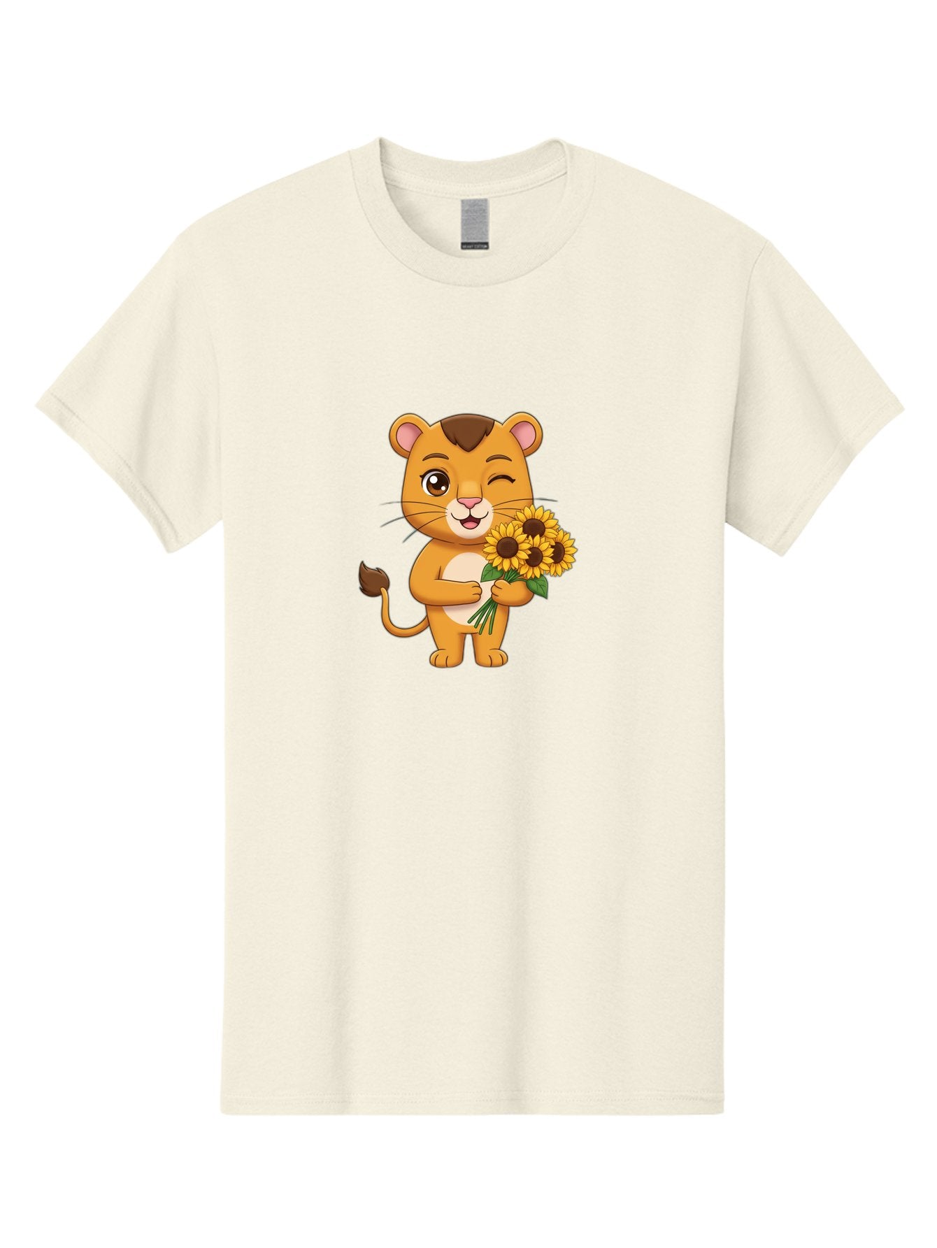 Lion-Holding-Sunflowers Men'S Graphic Tee, 100% Cotton, Comfortable Casual Summer Wear, Machine Washable, Cartoon Lion, Holding Sunflowers, Happy Expression, Cute Character, Yellow Flowers, Smiling Animal, Friendly Creature, Bae221 7