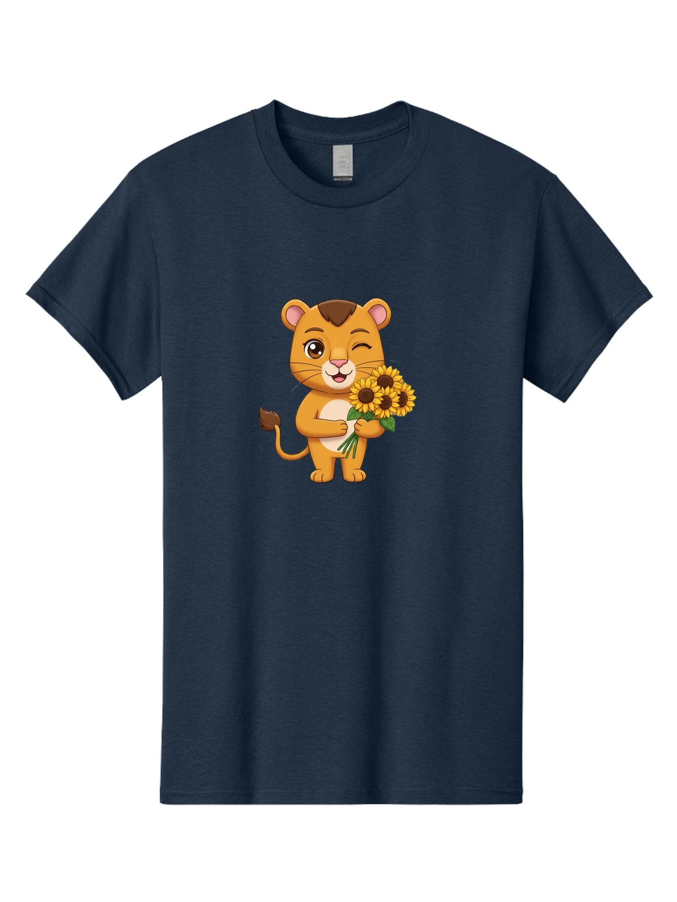 Lion-Holding-Sunflowers Men'S Graphic Tee, 100% Cotton, Comfortable Casual Summer Wear, Machine Washable, Cartoon Lion, Holding Sunflowers, Happy Expression, Cute Character, Yellow Flowers, Smiling Animal, Friendly Creature, Bae221 3