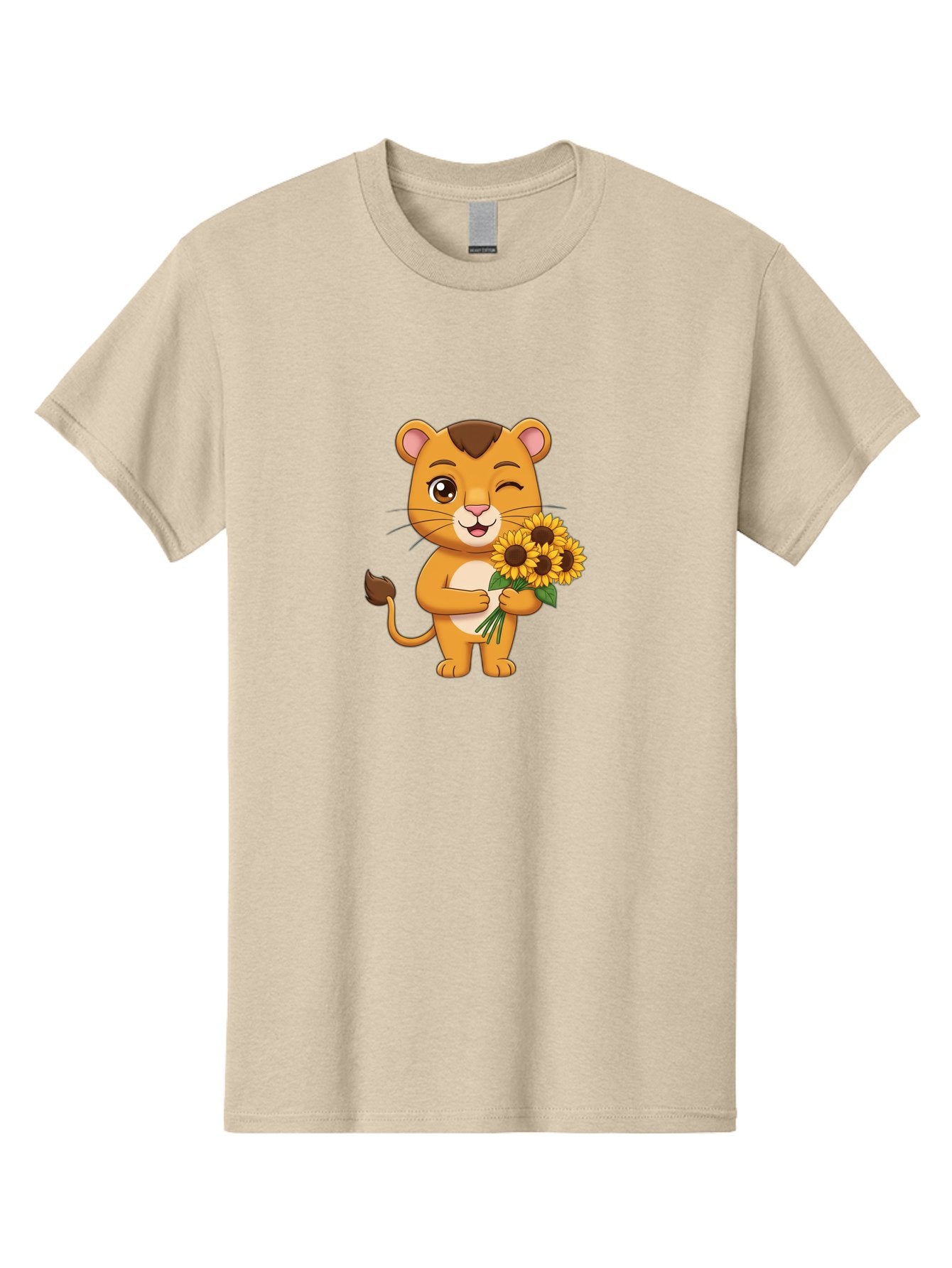 Lion-Holding-Sunflowers Men'S Graphic Tee, 100% Cotton, Comfortable Casual Summer Wear, Machine Washable, Cartoon Lion, Holding Sunflowers, Happy Expression, Cute Character, Yellow Flowers, Smiling Animal, Friendly Creature, Bae221 6