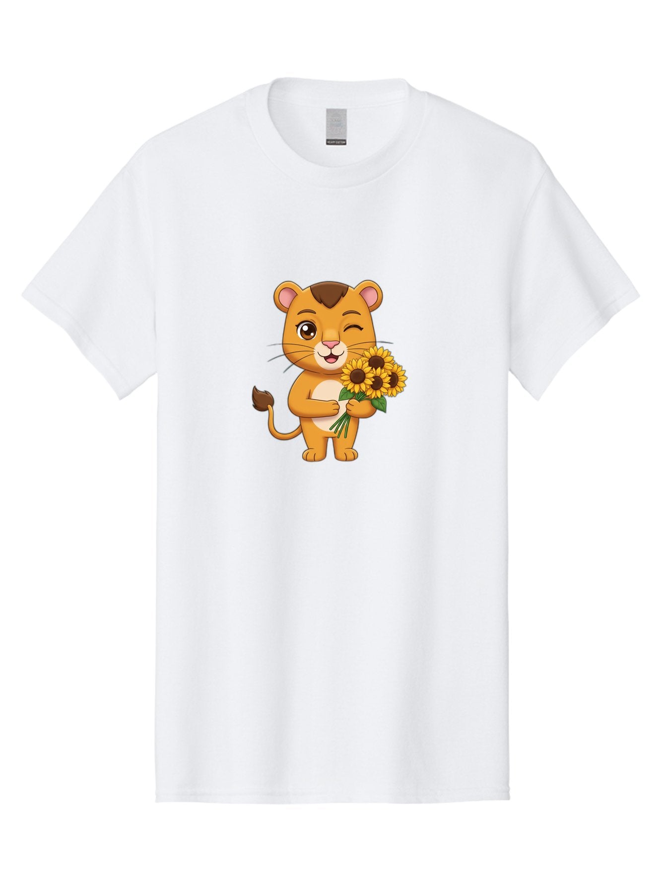 Lion-Holding-Sunflowers Men'S Graphic Tee, 100% Cotton, Comfortable Casual Summer Wear, Machine Washable, Cartoon Lion, Holding Sunflowers, Happy Expression, Cute Character, Yellow Flowers, Smiling Animal, Friendly Creature, Bae221 5
