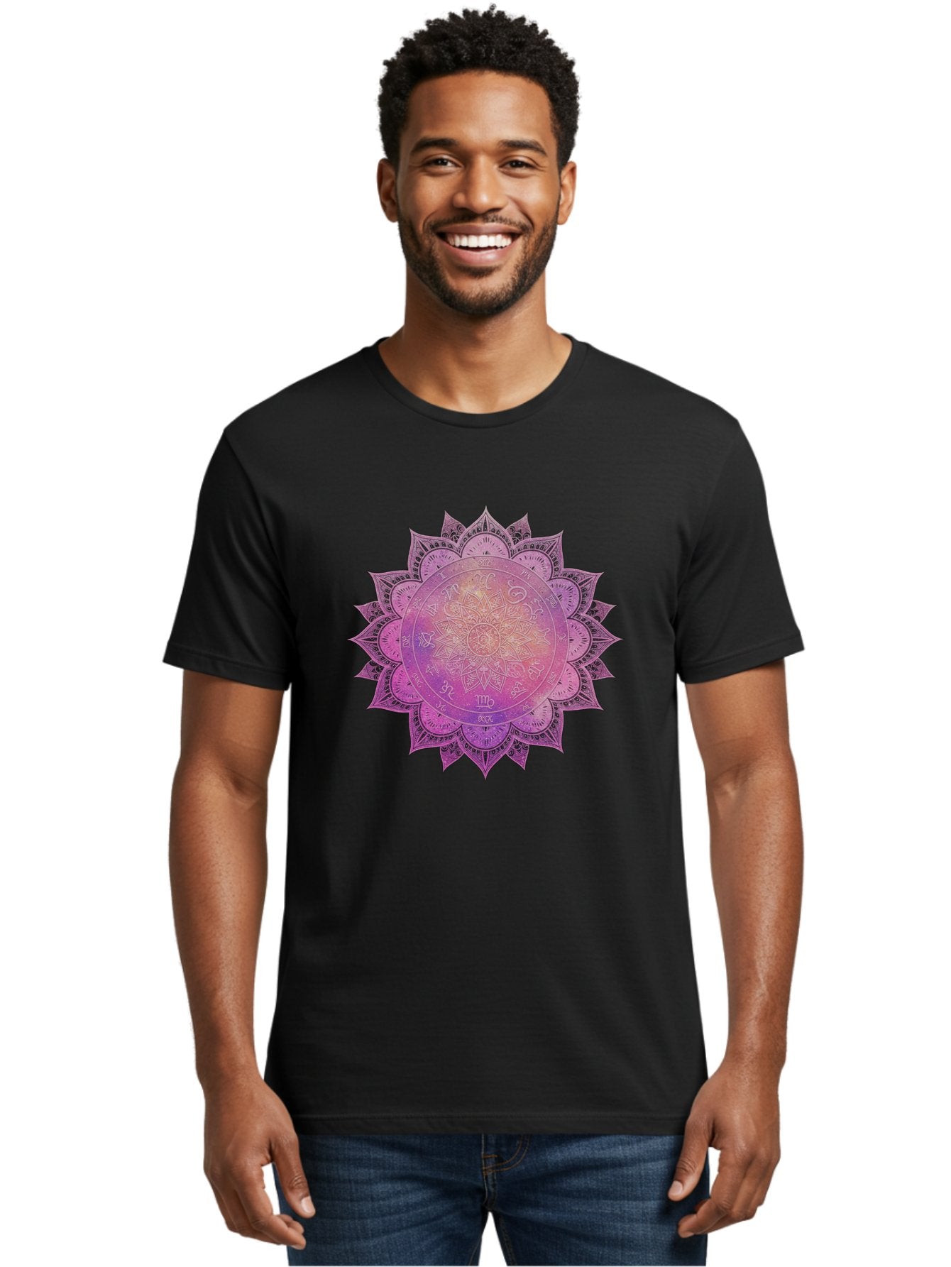 Lotus-Flower-Mandala Men'S Graphic Tee, 100% Cotton, Comfortable Casual Summer Wear, Machine Washable, Sacred Geometry, Spiritual Symbols, Mystical Art, Intricate Patterns, Mandala Design, Purple Hues, Symbolic Representation, Bae223 28
