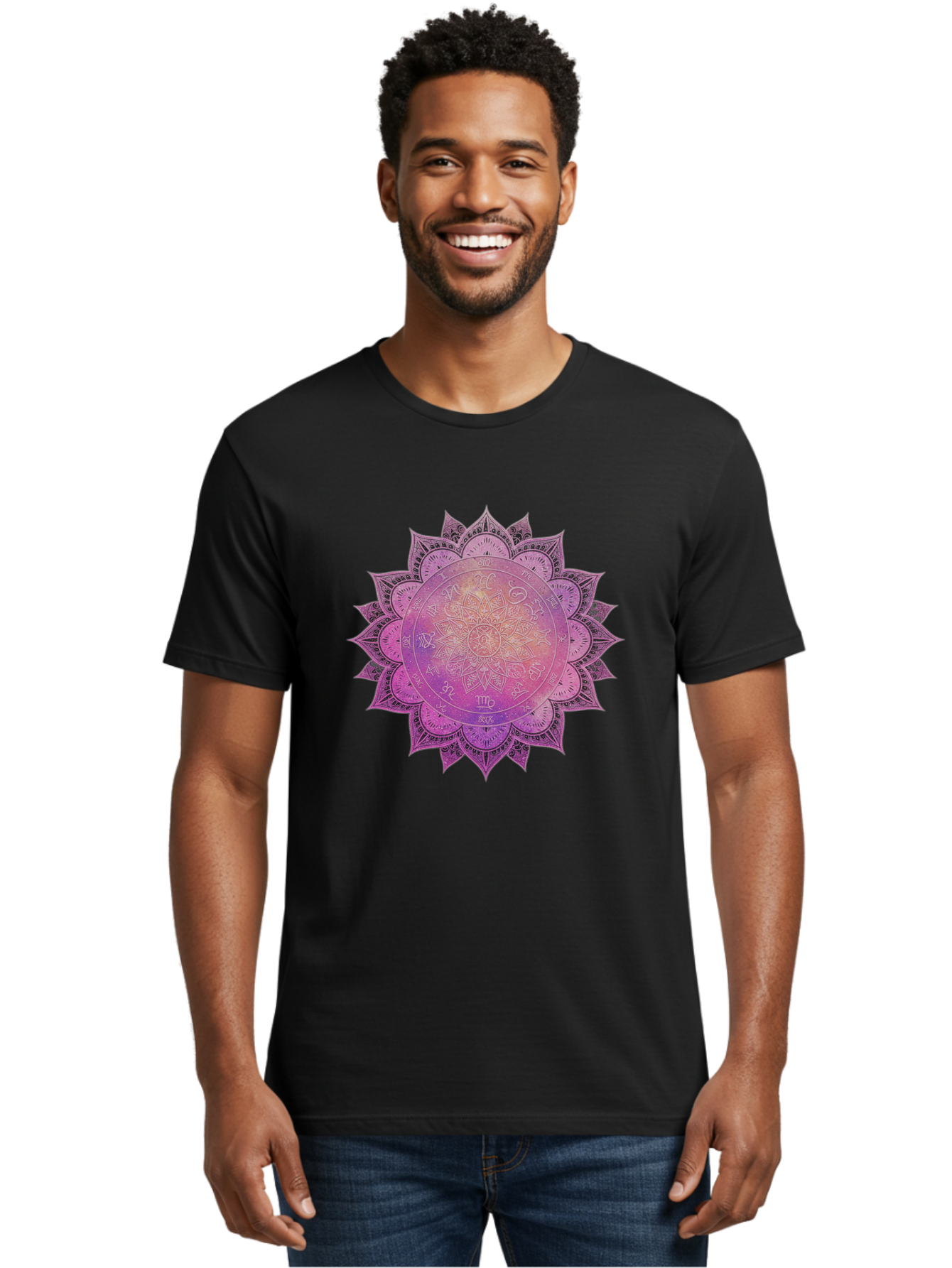 Lotus-Flower-Mandala Men'S Graphic Tee, 100% Cotton, Comfortable Casual Summer Wear, Machine Washable, Sacred Geometry, Spiritual Symbols, Mystical Art, Intricate Patterns, Mandala Design, Purple Hues, Symbolic Representation, Bae223 18