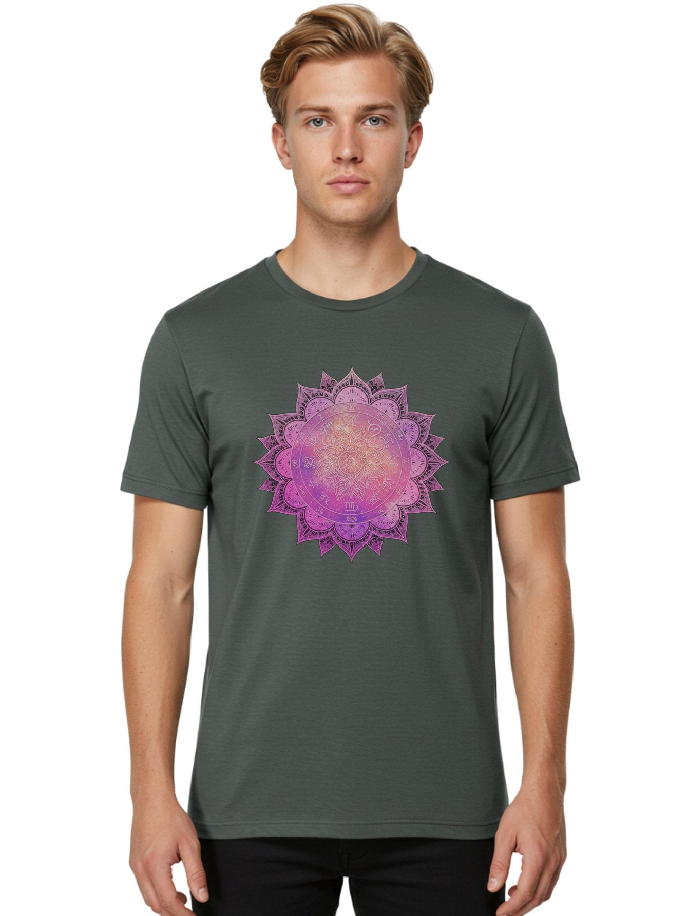 Lotus-Flower-Mandala Men'S Graphic Tee, 100% Cotton, Comfortable Casual Summer Wear, Machine Washable, Sacred Geometry, Spiritual Symbols, Mystical Art, Intricate Patterns, Mandala Design, Purple Hues, Symbolic Representation, Bae223 29