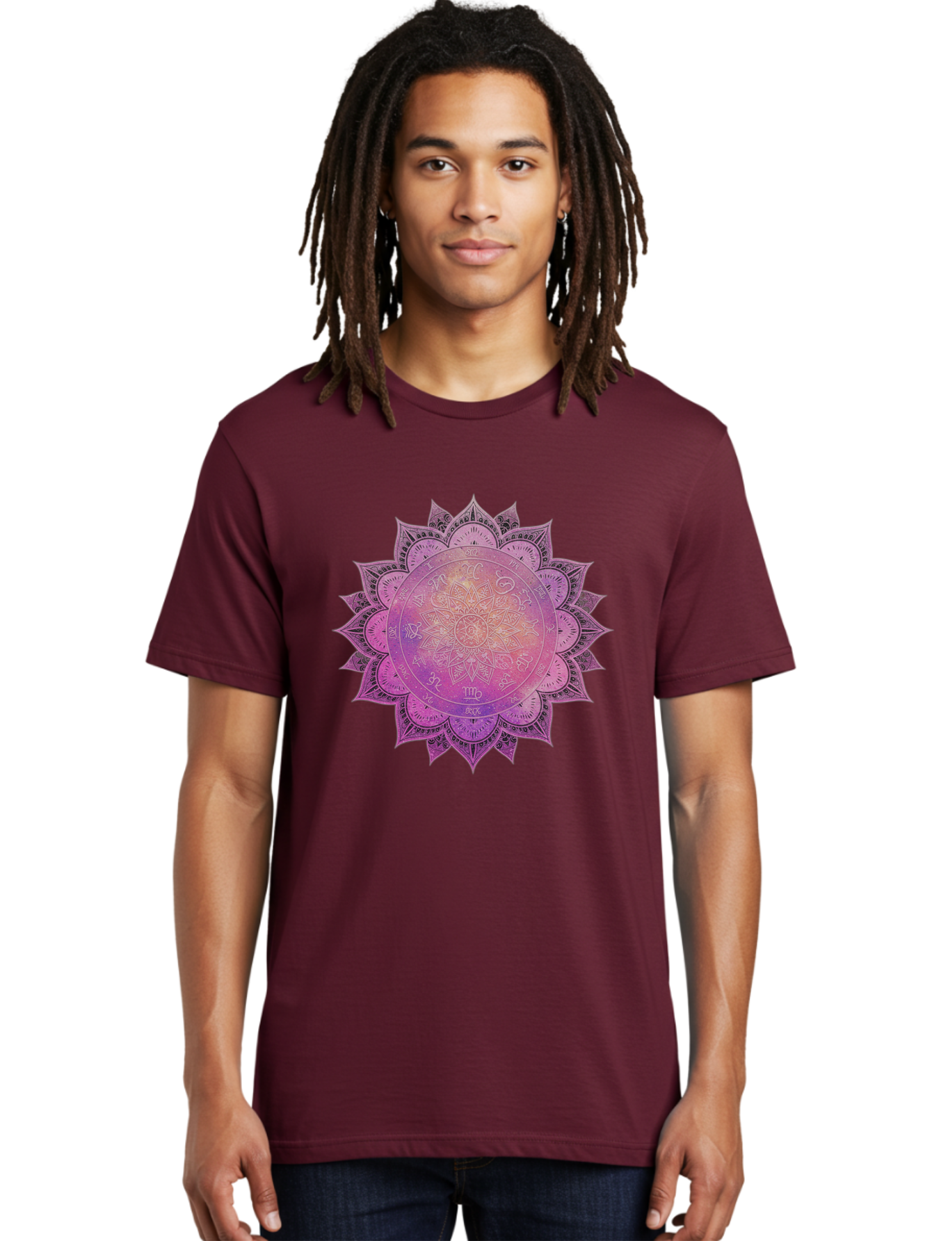 Lotus-Flower-Mandala Men'S Graphic Tee, 100% Cotton, Comfortable Casual Summer Wear, Machine Washable, Sacred Geometry, Spiritual Symbols, Mystical Art, Intricate Patterns, Mandala Design, Purple Hues, Symbolic Representation, Bae223 25