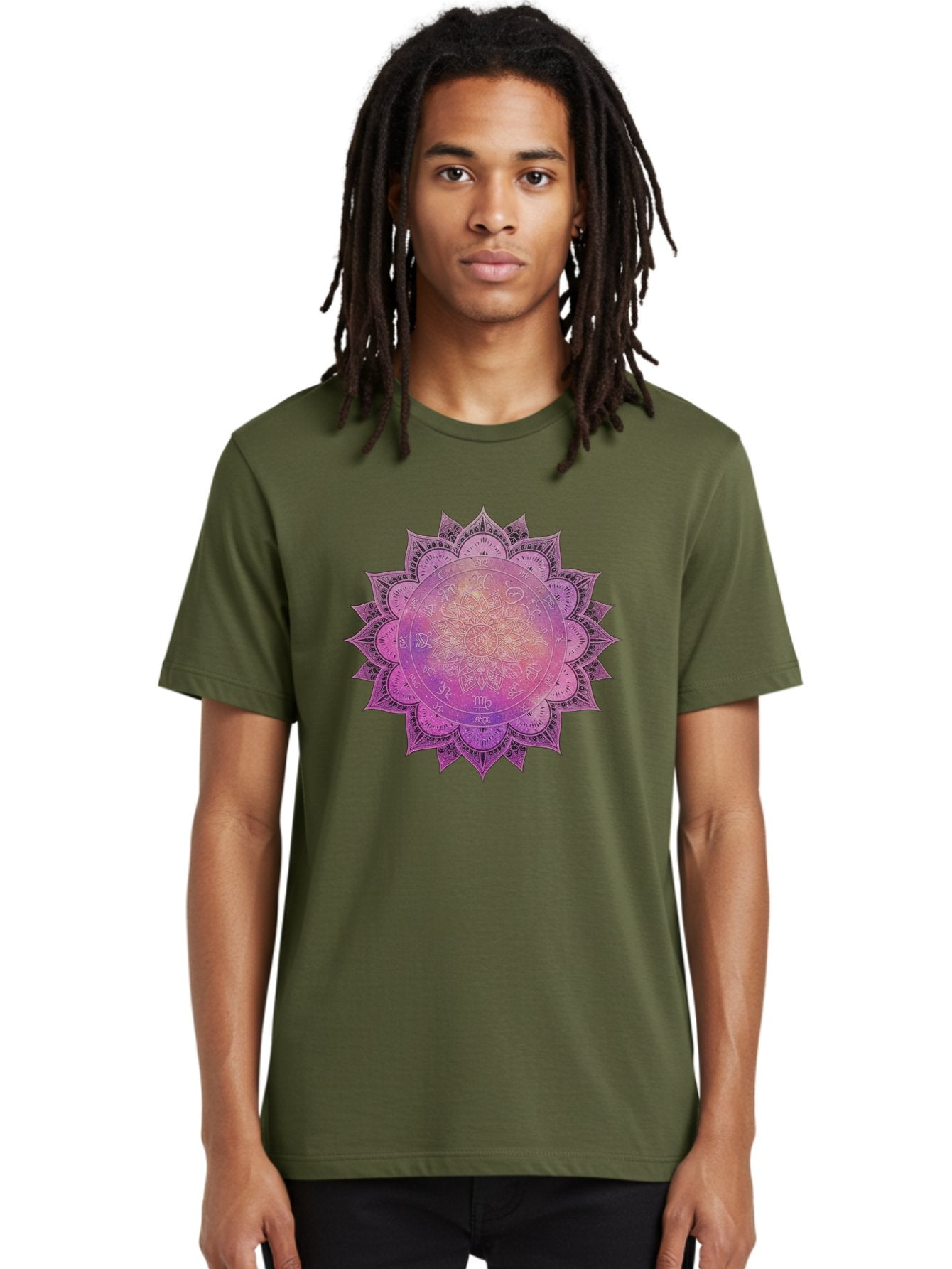Lotus-Flower-Mandala Men'S Graphic Tee, 100% Cotton, Comfortable Casual Summer Wear, Machine Washable, Sacred Geometry, Spiritual Symbols, Mystical Art, Intricate Patterns, Mandala Design, Purple Hues, Symbolic Representation, Bae223 17