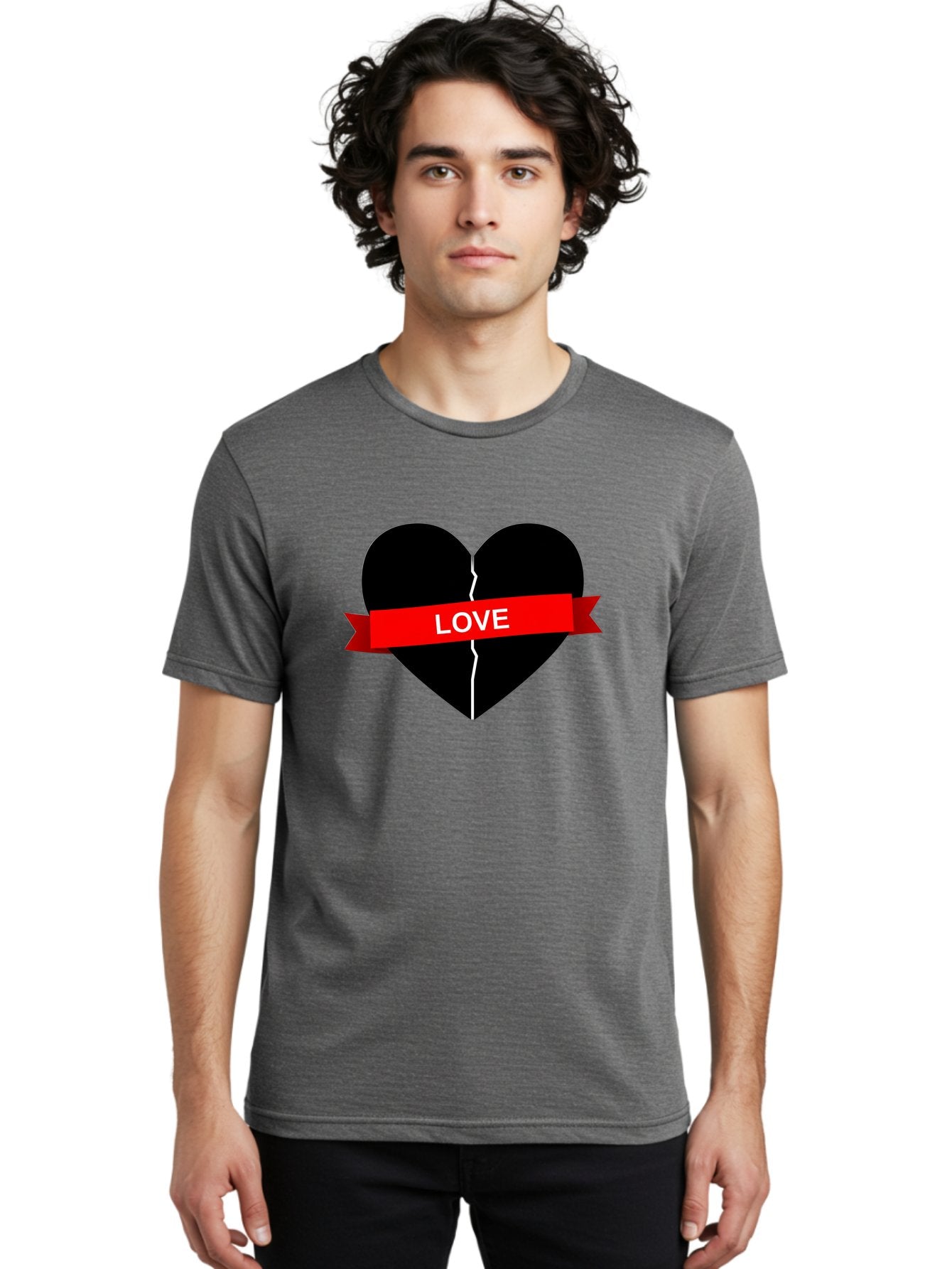 Love-Broken-Heart Men'S Graphic Tee, 100% Cotton, Comfortable Casual Summer Wear, Machine Washable, Broken Heart, Heartbreak, Love Symbol, Red Ribbon, White Text, Split Heart, Cracked Heart, Heart Illustration, Heart Graphic, Torn Love Bae224 25