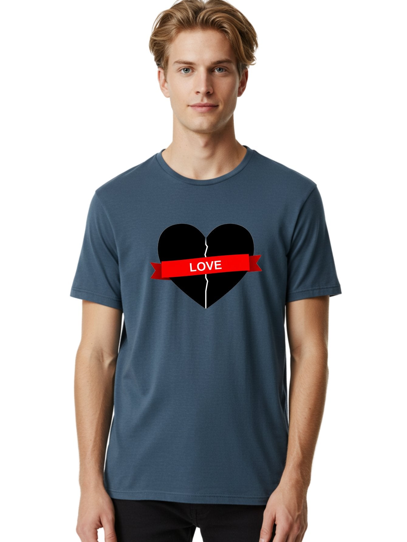 Love-Broken-Heart Men'S Graphic Tee, 100% Cotton, Comfortable Casual Summer Wear, Machine Washable, Broken Heart, Heartbreak, Love Symbol, Red Ribbon, White Text, Split Heart, Cracked Heart, Heart Illustration, Heart Graphic, Torn Love Bae224 22