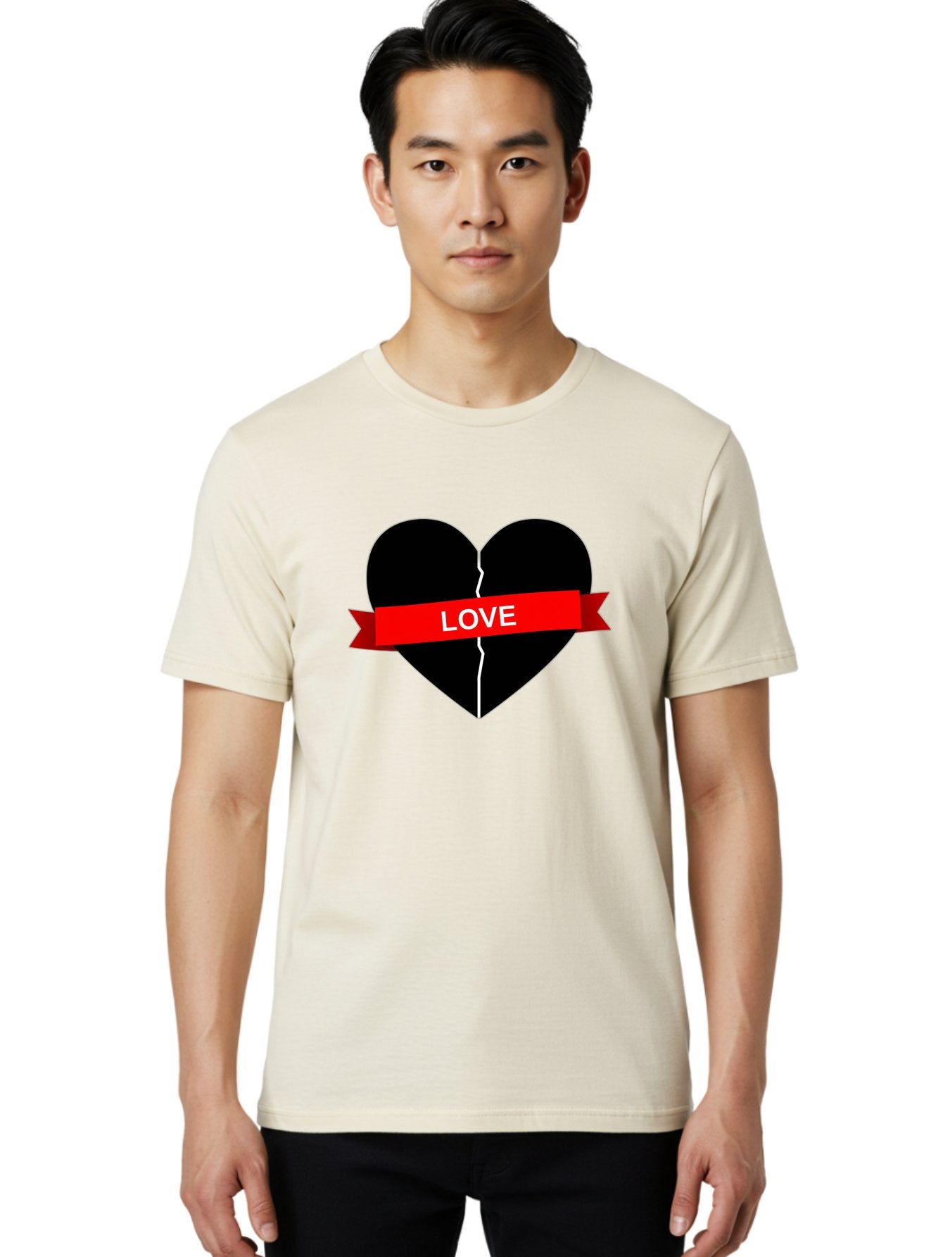 Love-Broken-Heart Men'S Graphic Tee, 100% Cotton, Comfortable Casual Summer Wear, Machine Washable, Broken Heart, Heartbreak, Love Symbol, Red Ribbon, White Text, Split Heart, Cracked Heart, Heart Illustration, Heart Graphic, Torn Love Bae224 23