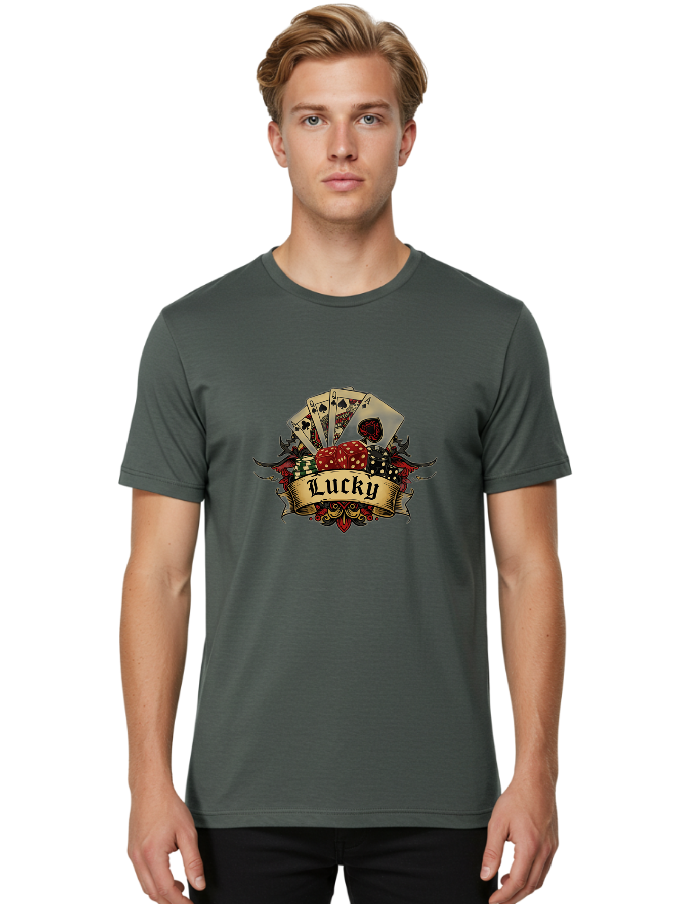 Lucky-1 Men'S Graphic Tee, 100% Cotton, Comfortable Casual Summer Wear, Machine Washable, Lucky Charm, Playing Cards, Poker Dice, Red Dice, Casino Luck, Gaming Good Fortune, Gambler'S Luck, Poker Game, Card Game Bae226 23