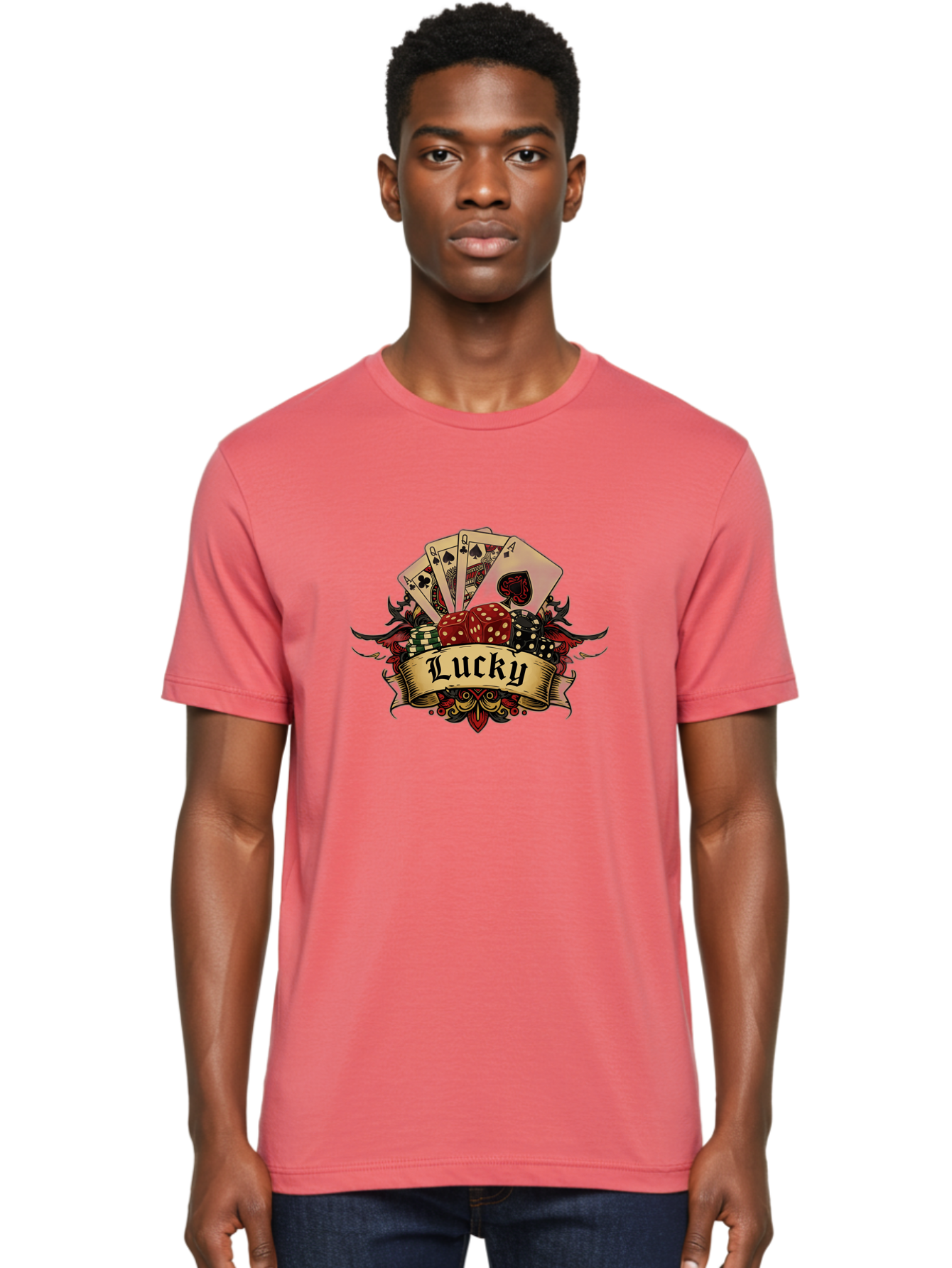 Lucky-1 Men'S Graphic Tee, 100% Cotton, Comfortable Casual Summer Wear, Machine Washable, Lucky Charm, Playing Cards, Poker Dice, Red Dice, Casino Luck, Gaming Good Fortune, Gambler'S Luck, Poker Game, Card Game Bae226 30