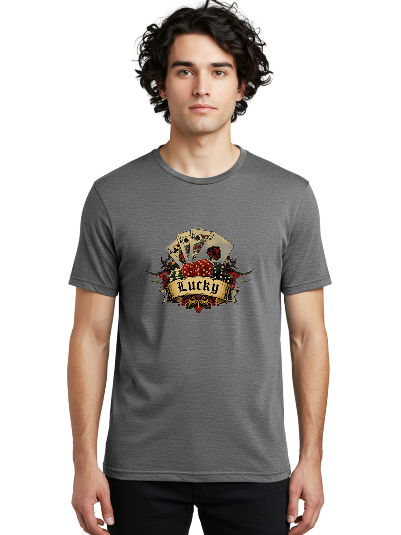 Lucky-1 Men'S Graphic Tee, 100% Cotton, Comfortable Casual Summer Wear, Machine Washable, Lucky Charm, Playing Cards, Poker Dice, Red Dice, Casino Luck, Gaming Good Fortune, Gambler'S Luck, Poker Game, Card Game Bae226 28