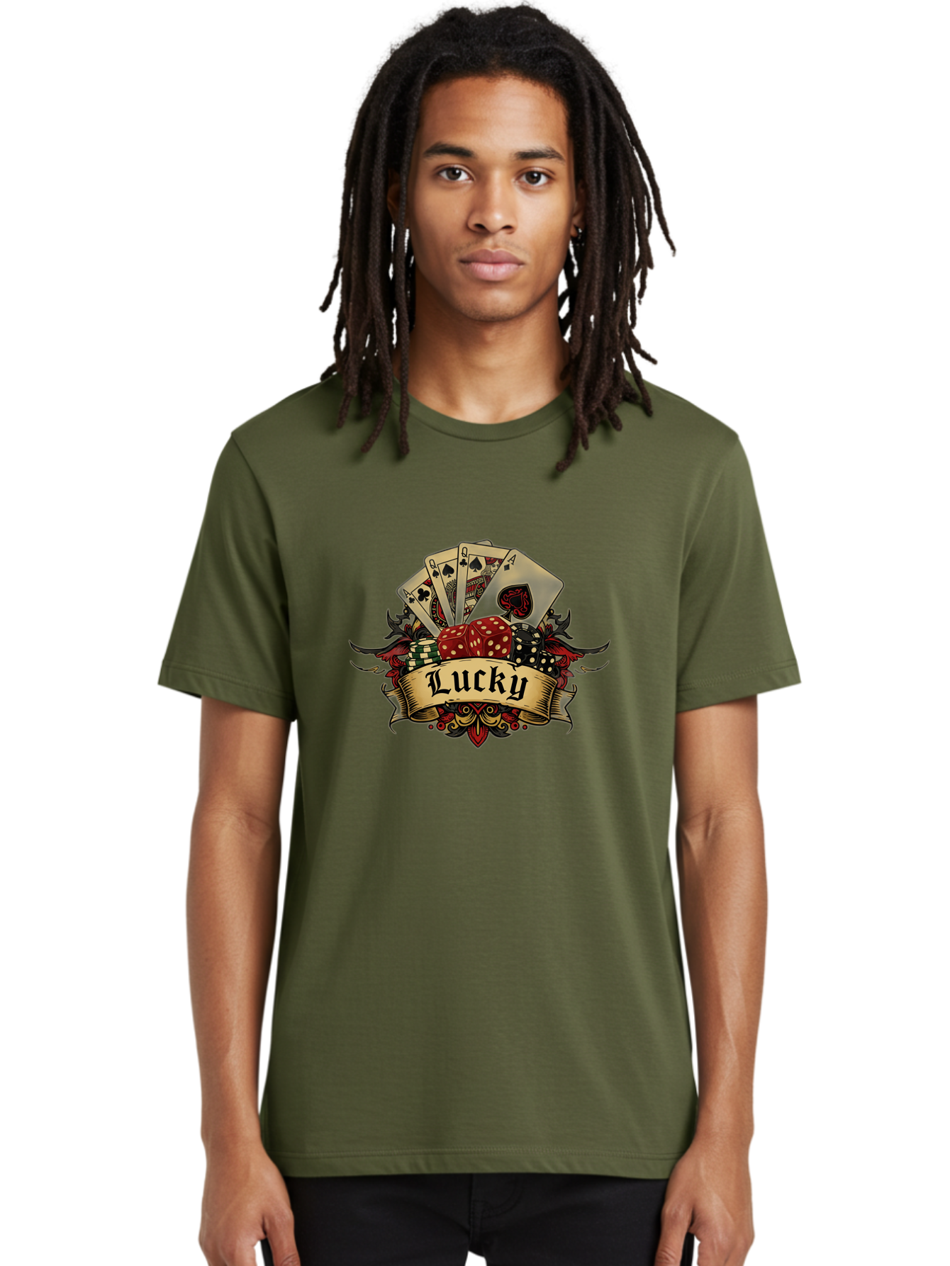 Lucky-1 Men'S Graphic Tee, 100% Cotton, Comfortable Casual Summer Wear, Machine Washable, Lucky Charm, Playing Cards, Poker Dice, Red Dice, Casino Luck, Gaming Good Fortune, Gambler'S Luck, Poker Game, Card Game Bae226 20