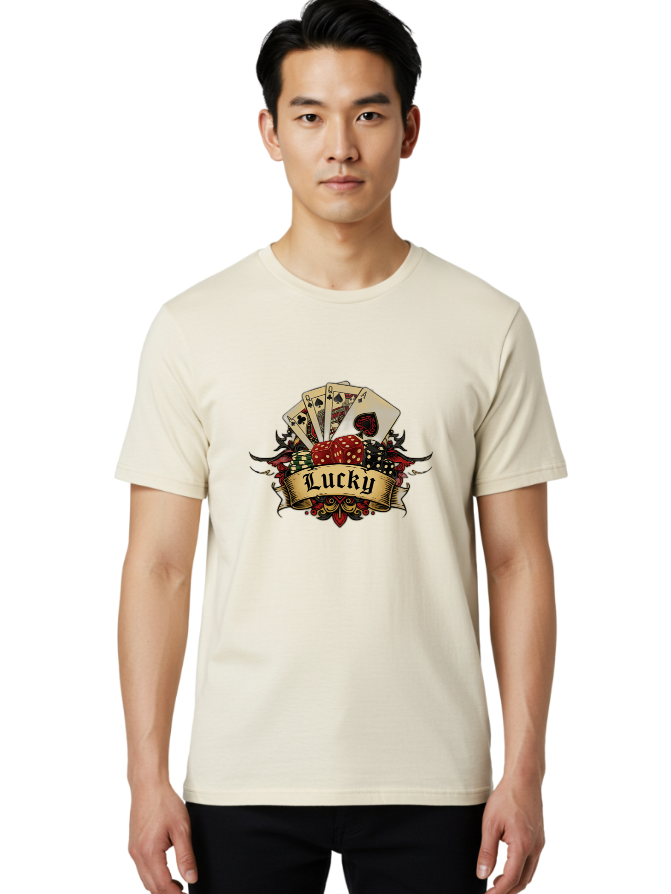 Lucky-1 Men'S Graphic Tee, 100% Cotton, Comfortable Casual Summer Wear, Machine Washable, Lucky Charm, Playing Cards, Poker Dice, Red Dice, Casino Luck, Gaming Good Fortune, Gambler'S Luck, Poker Game, Card Game Bae226 19